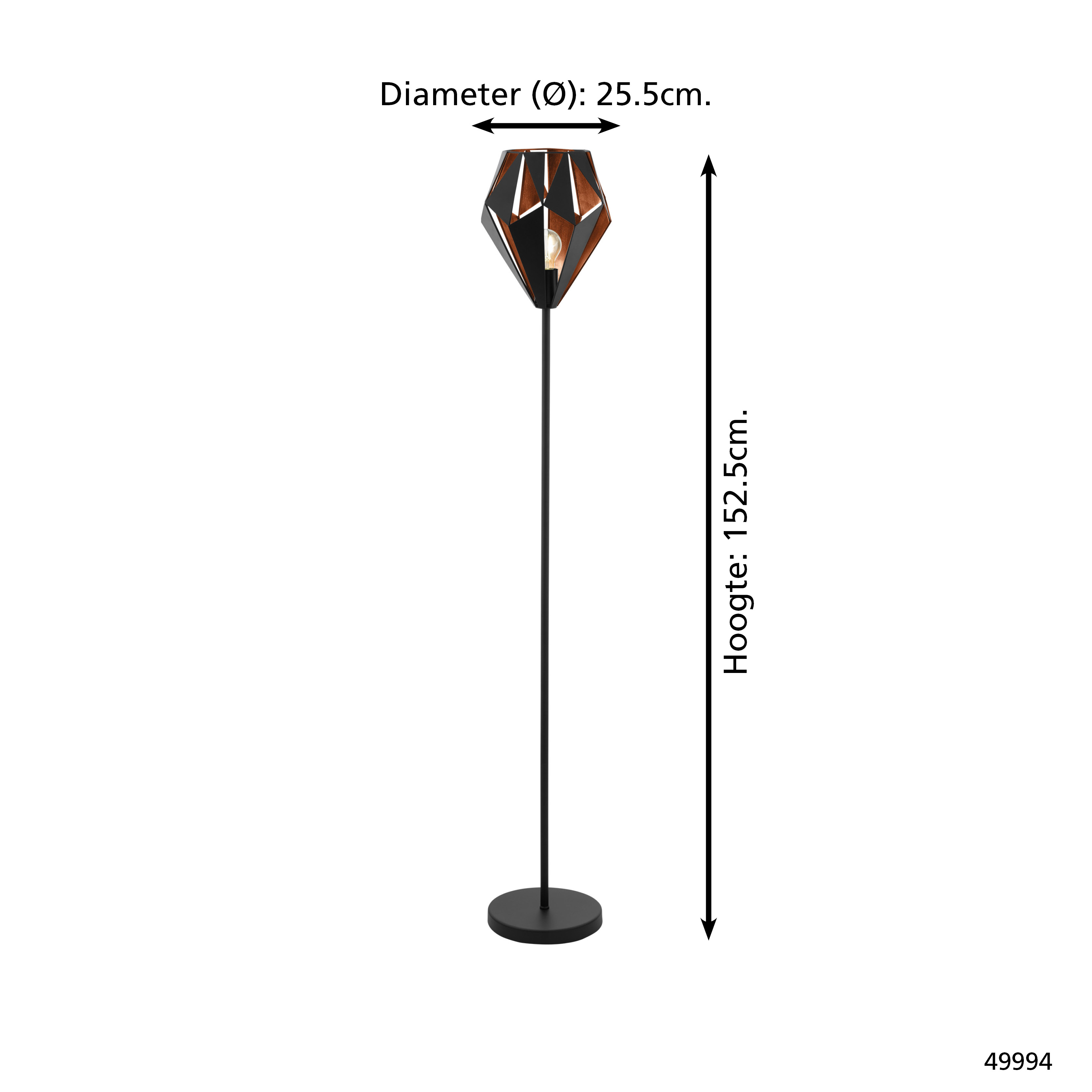 Una lampada da terra nera e rame con paralume geometrico. Poggia su base circolare, dimensioni fornite.