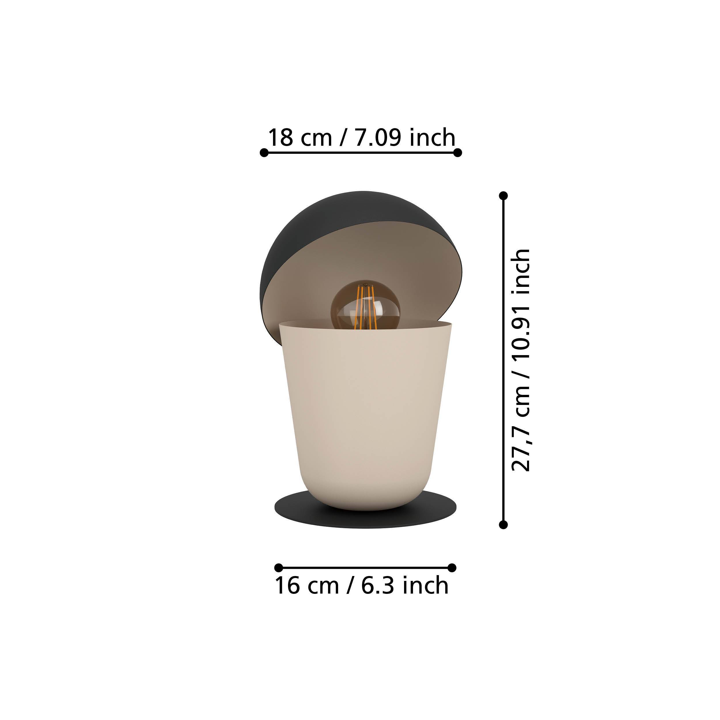 Eine Lampe mit schwarzem Schirm und beigefarbenem Sockel, mit Maßangaben. Eine Glühbirne ist sichtbar.