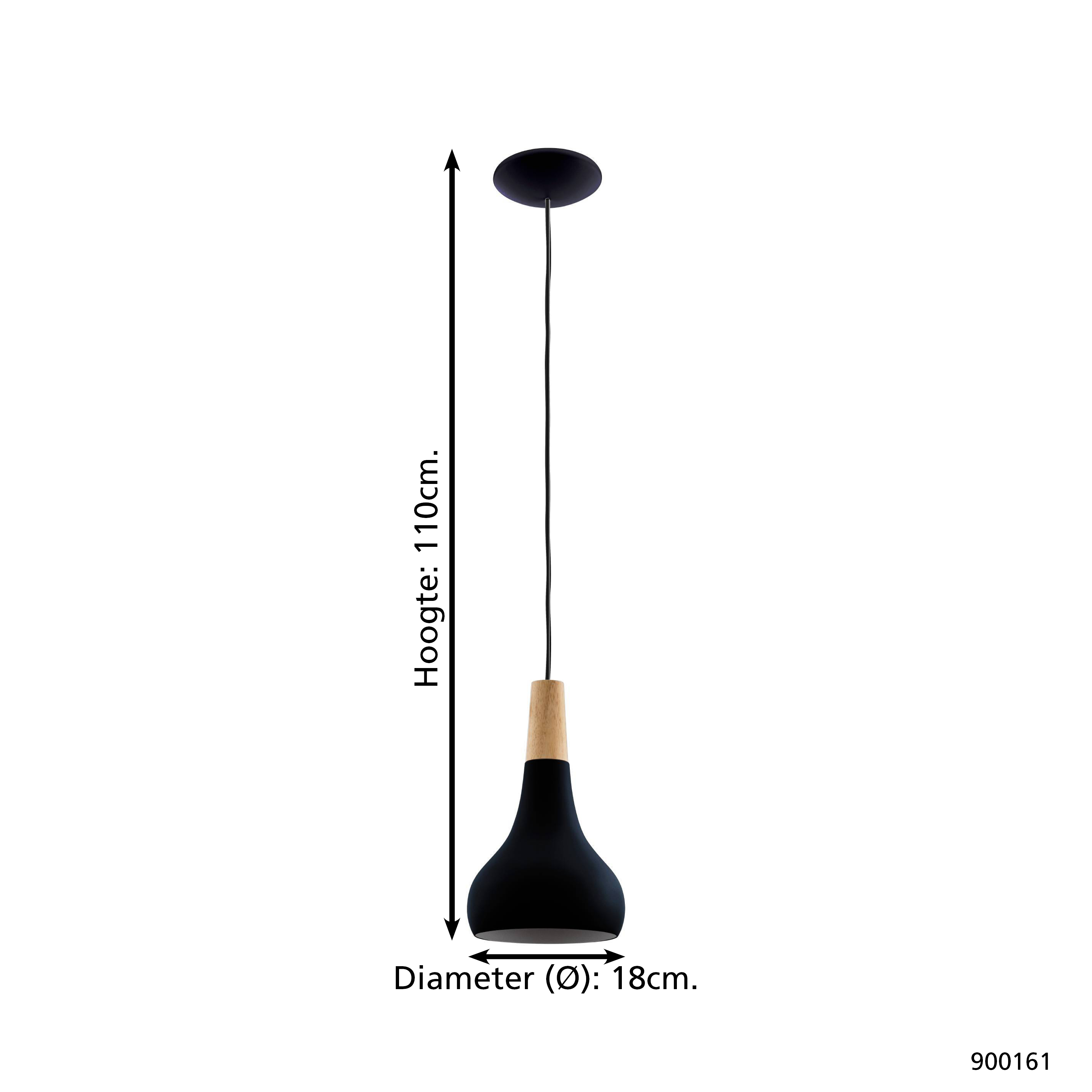 Una lampada a sospensione nera con una sezione in legno. È lunga 110 cm e ha un diametro di 18 cm.