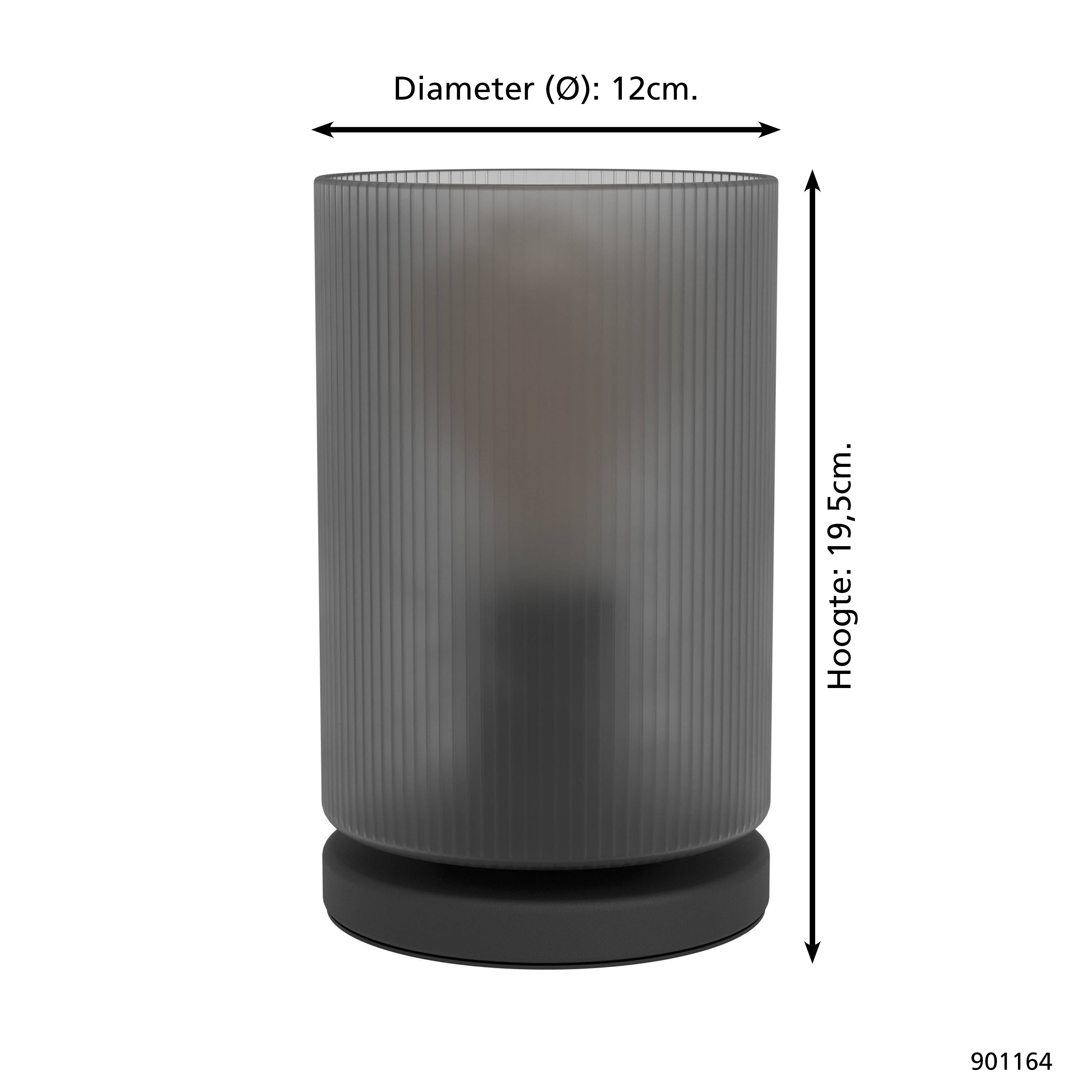 Una lampada cilindrica grigia con linee verticali e base nera. Dimensioni: diametro 12 cm, altezza 19,5 cm.