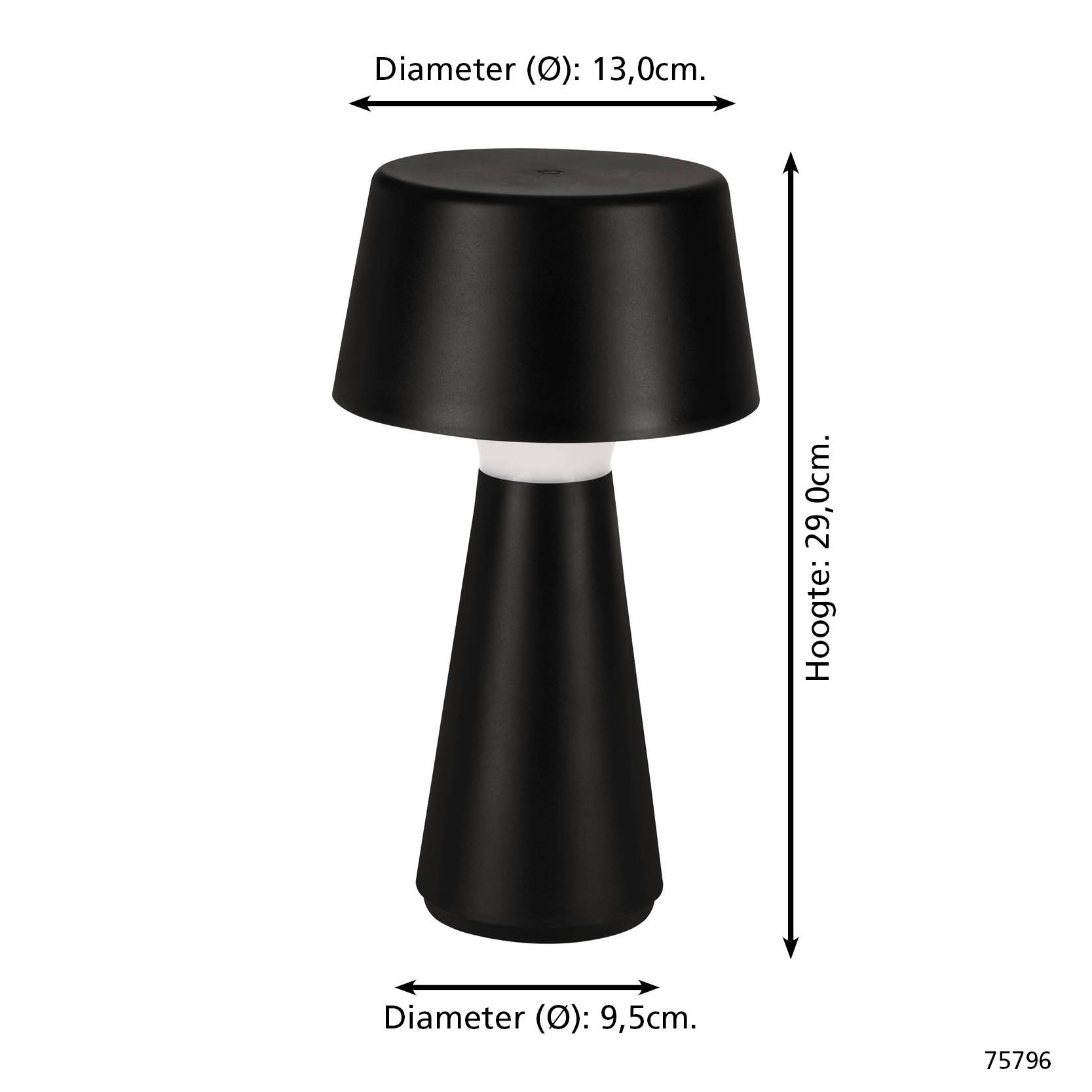Schwarze Tischlampe mit konischem Fuß und zylindrischem Oberteil. Maße sind im Bild enthalten.