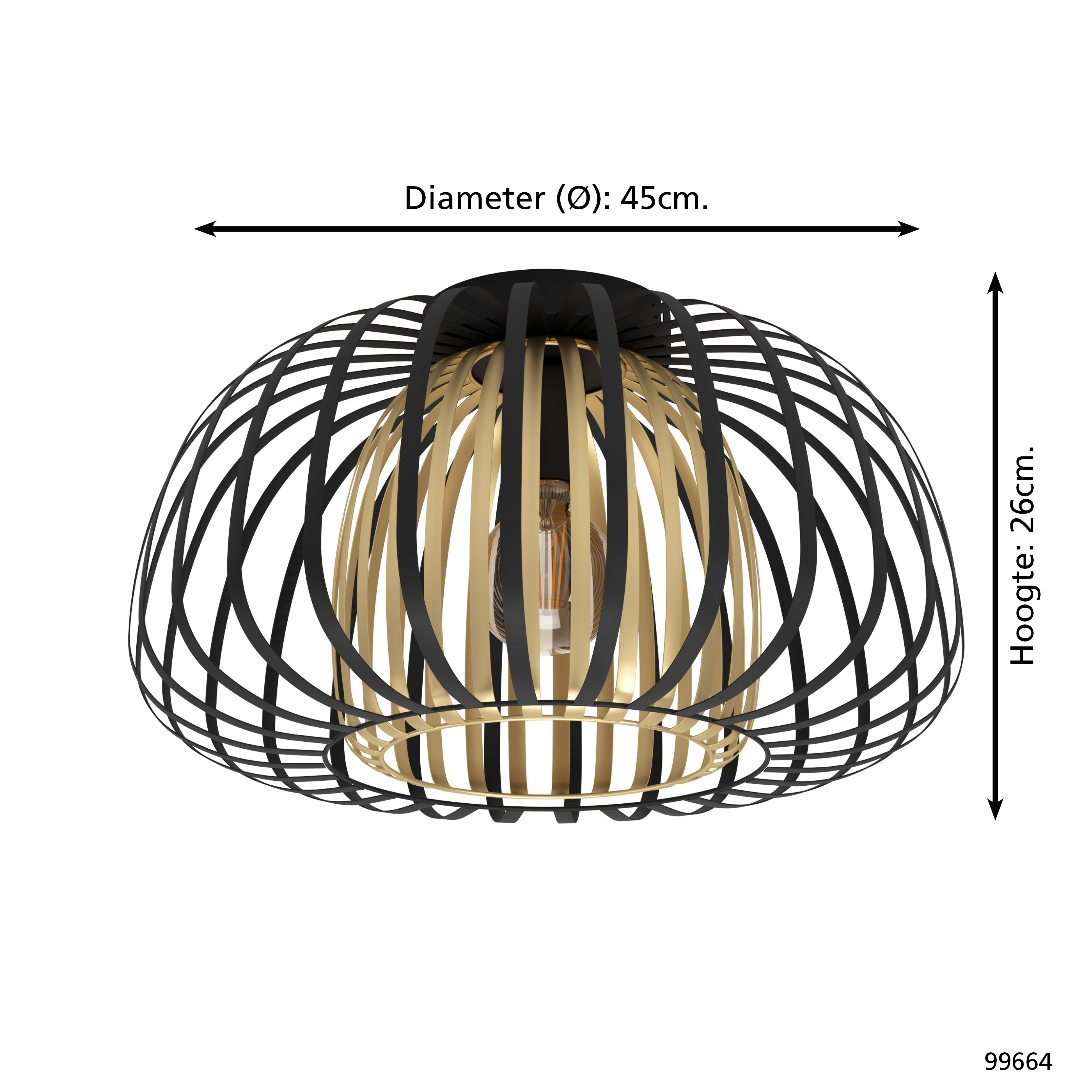 Eine Deckenlampe mit schwarzen und goldenen Stäben, die einen Käfig bilden. Sie hat einen Durchmesser von 45 cm und eine Höhe von 26 cm.