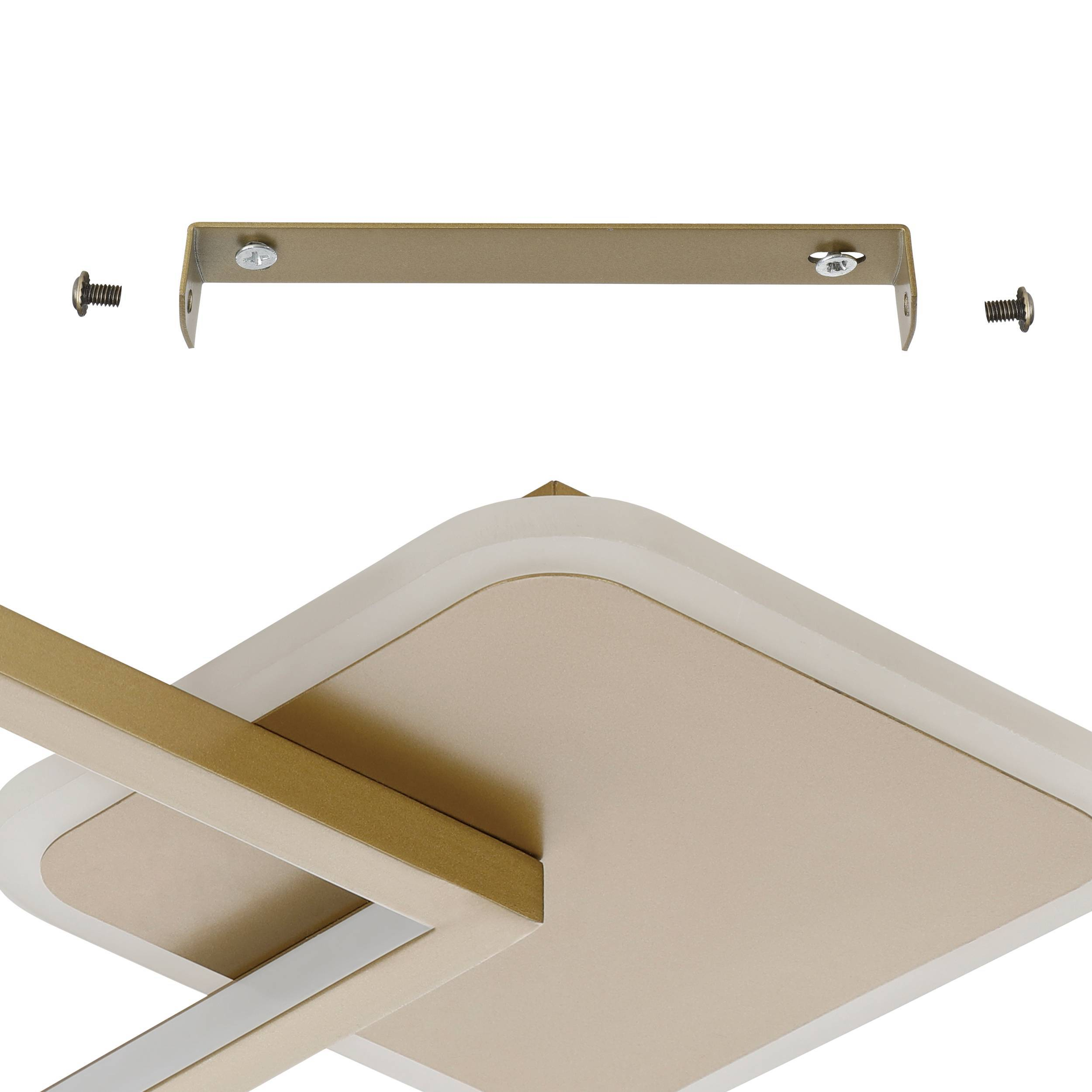 Eine goldene Leuchte mit beige- und weißen Elementen. Zwei Schrauben und eine Montagehalterung sind sichtbar.