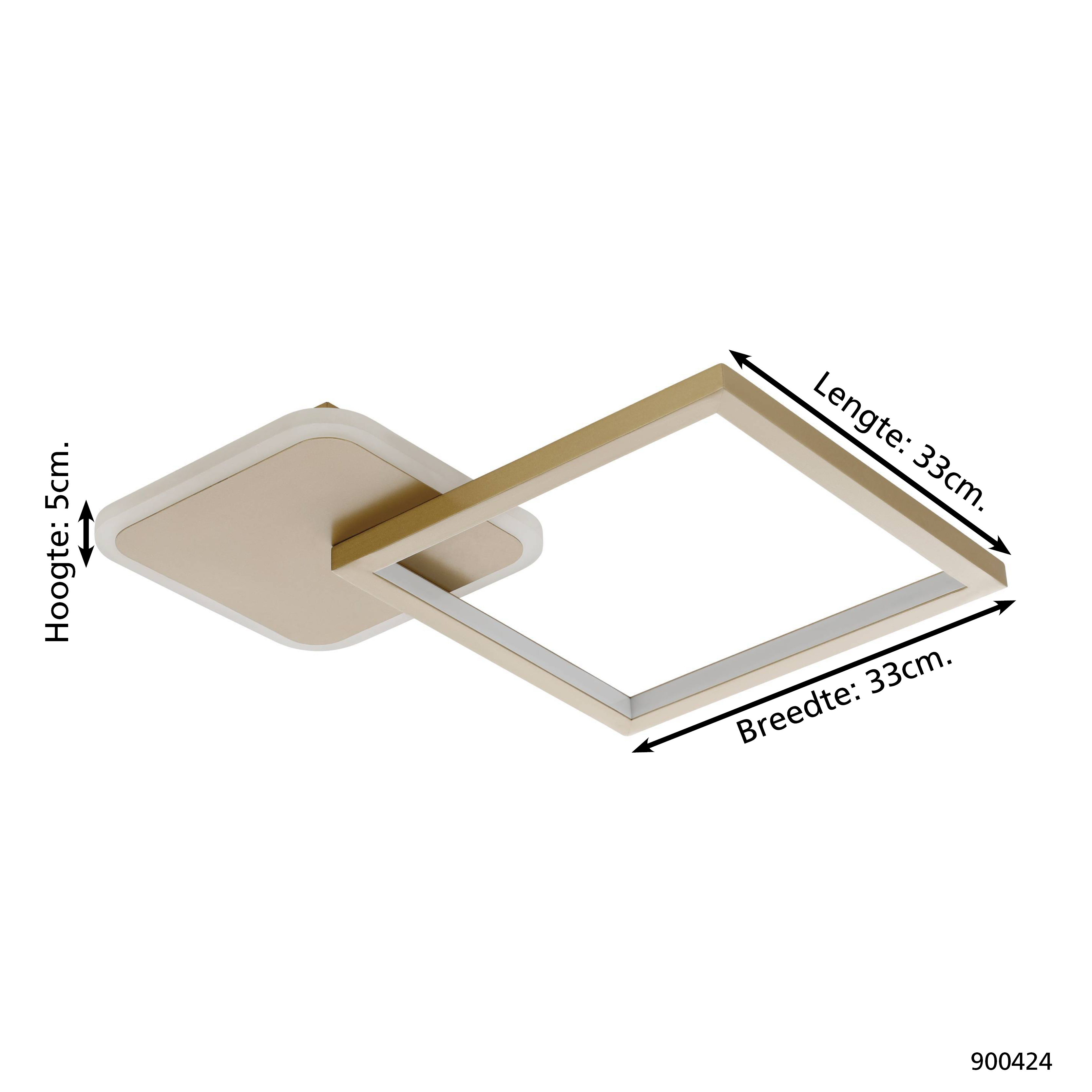 Moderne Deckenleuchte. Sie ist goldfarben, mit quadratischem Rahmen und Sockel. Maße sind angegeben.