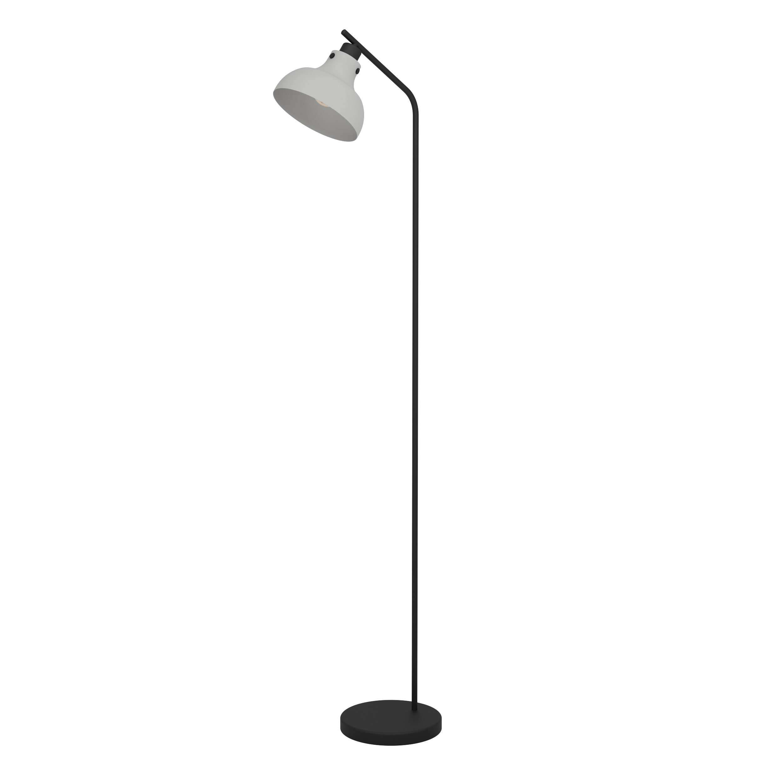 Eine moderne Stehlampe mit weißem Lampenschirm, schwarzem Stiel und rundem Sockel, vor weißem Hintergrund.