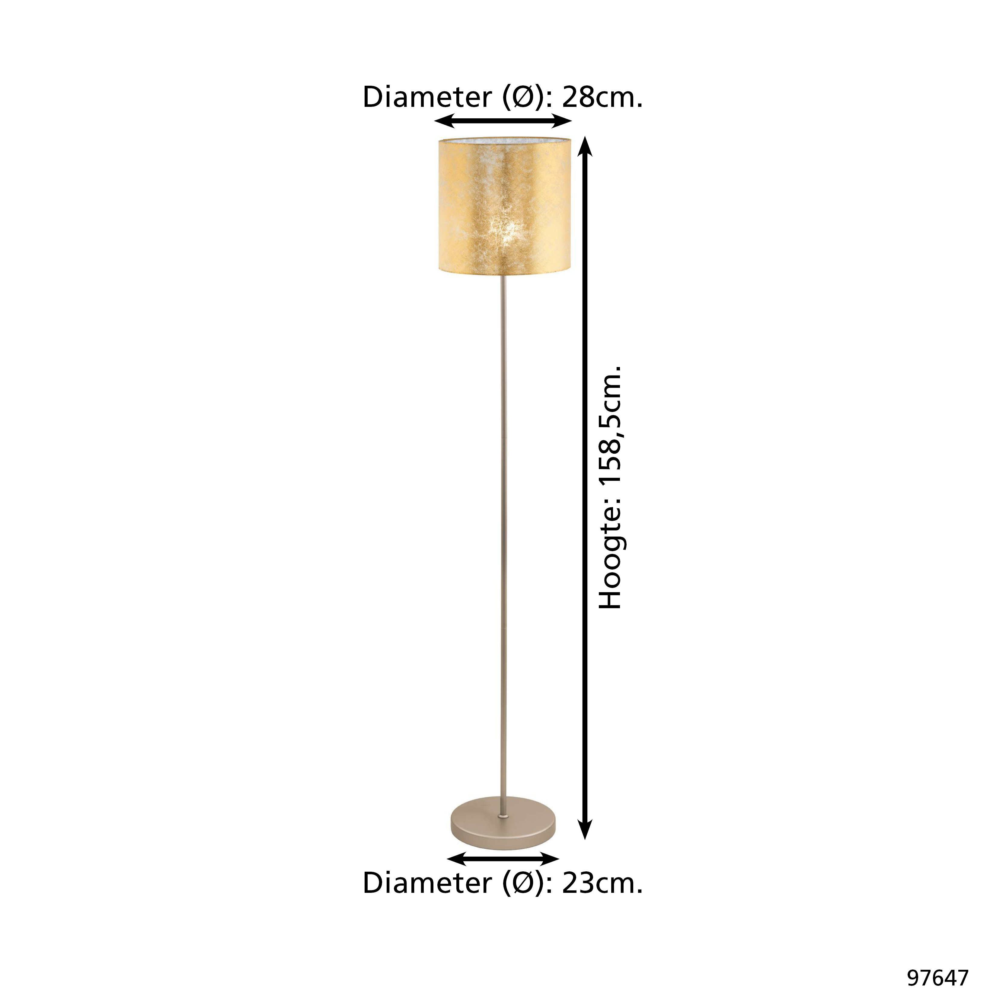 Un lampadaire. Il a un abat-jour doré, une longue tige métallique fine et une base ronde. Dimensions fournies.