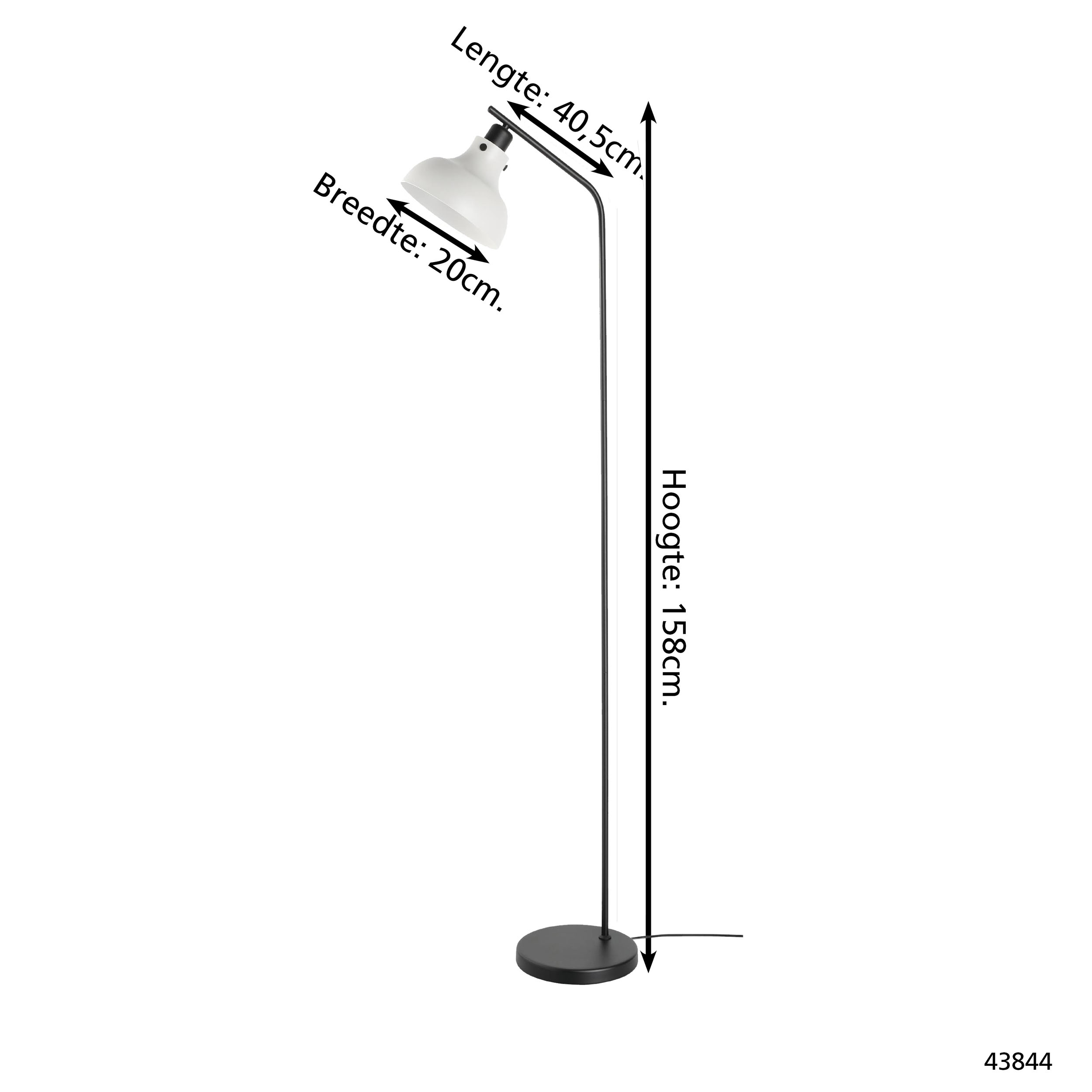 Eine schwarze Stehlampe mit weißem Lampenkopf. Die Abmessungen sind auf dem Bild angegeben. Die Lampe steht auf weißem Hintergrund.