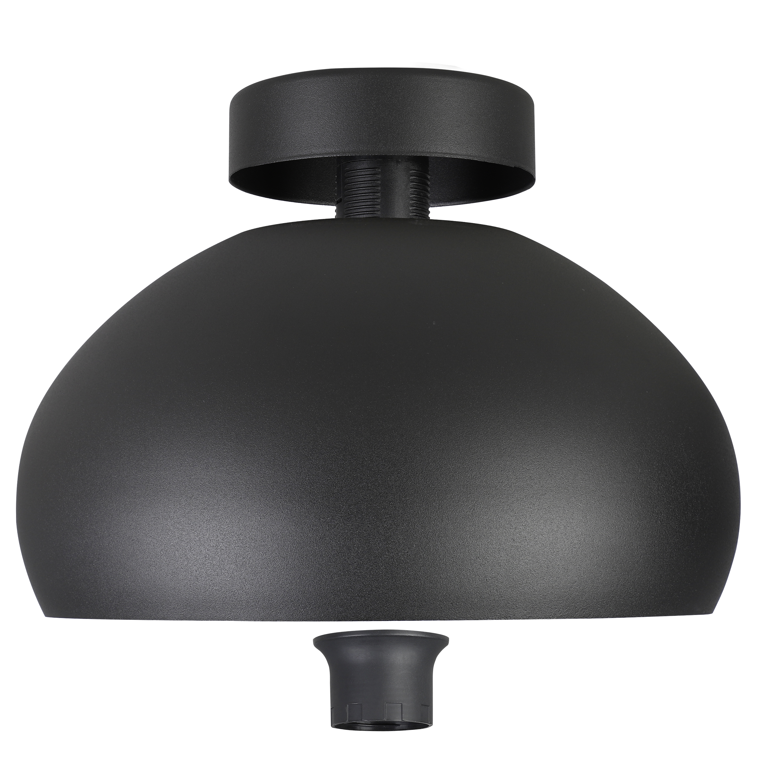Un apparecchio di illuminazione a soffitto nero. Ha un paralume a cupola, una base cilindrica e un pezzo superiore più piccolo.
