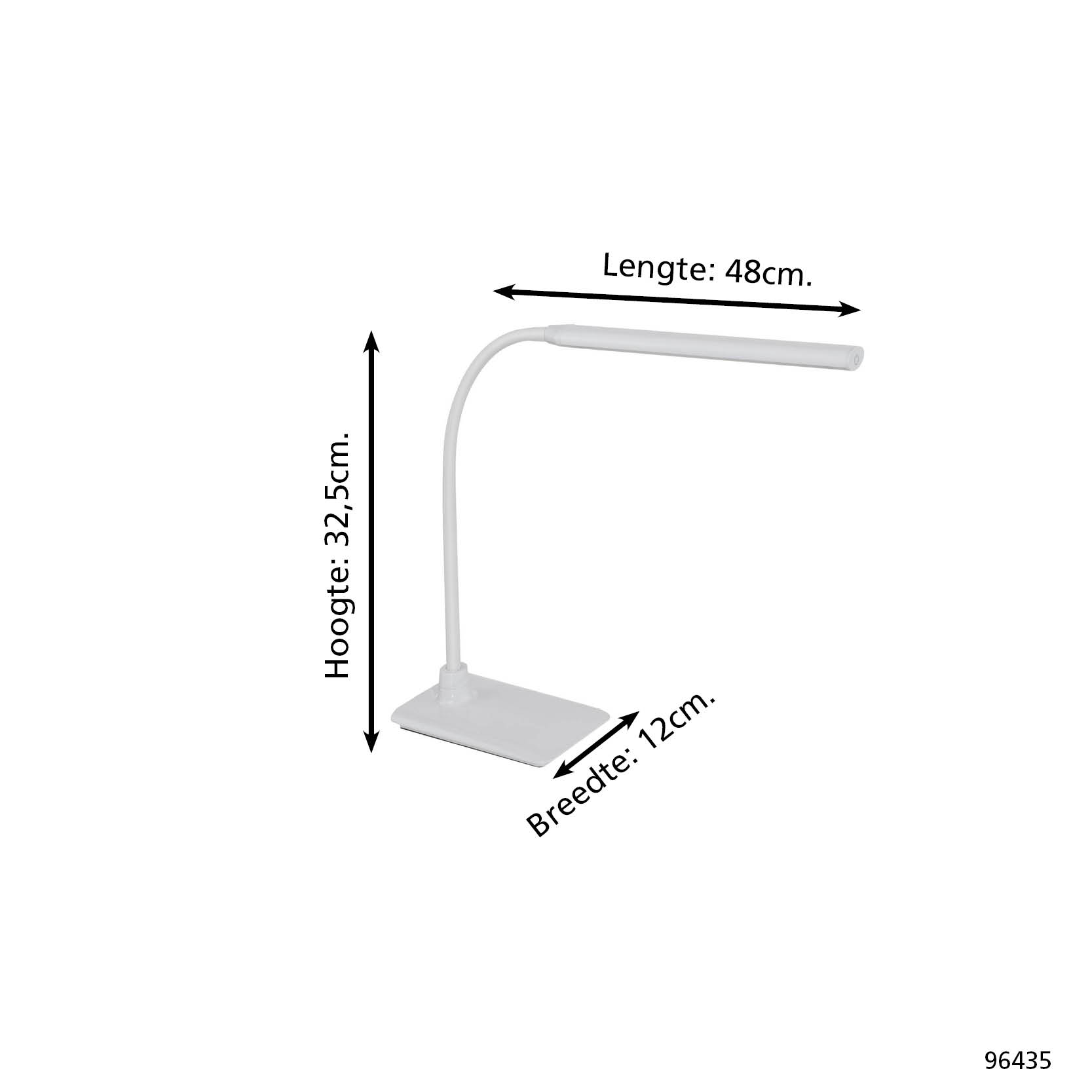 Una lampada da scrivania bianca con misure: 48 cm di lunghezza, 32,5 cm di altezza e 12 cm di larghezza.