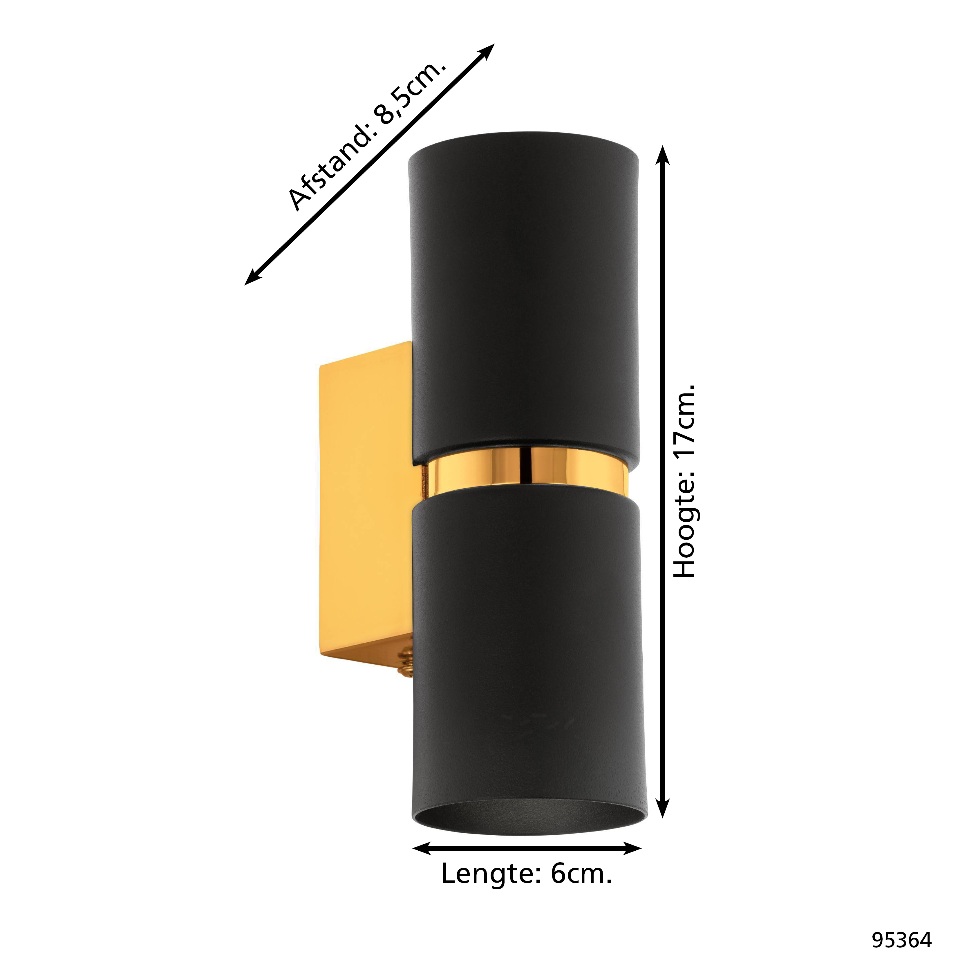 Eine schwarz-goldene Wandlampe. Sie hat zwei zylindrische, schwarze Lampenschirme und einen goldenen Halter. Maße sind angegeben.