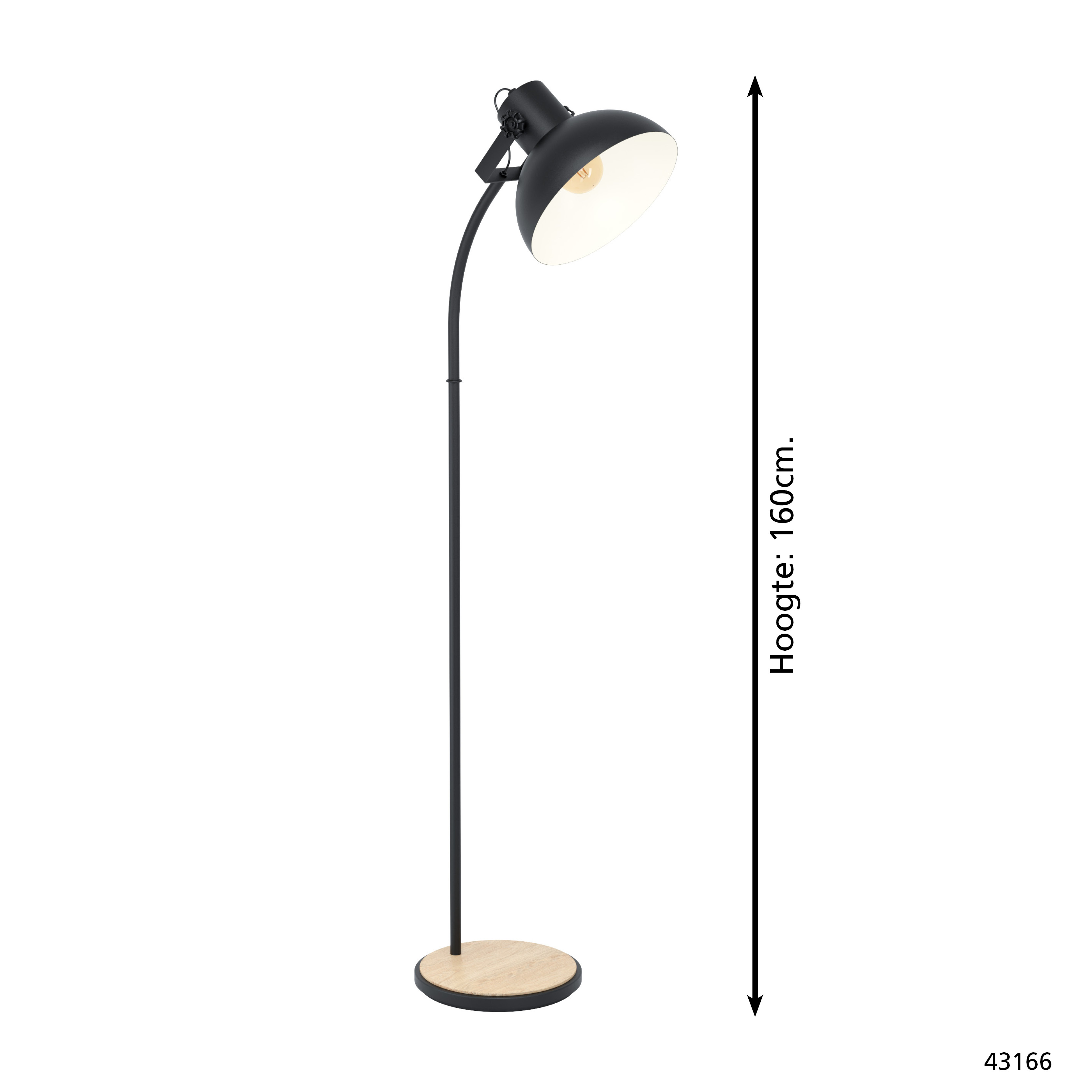 Un lampadaire noir avec abat-jour intérieur blanc et socle en bois, hauteur 160cm.