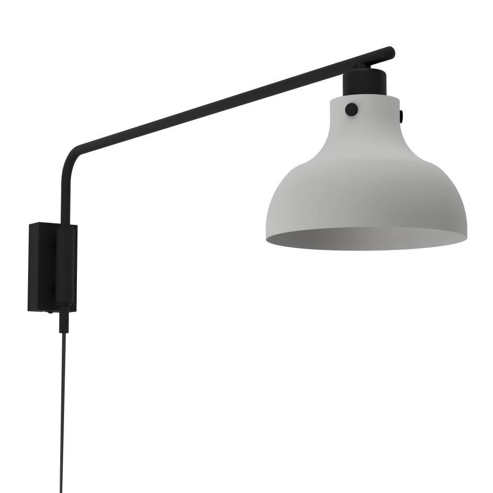 Eine moderne Wandlampe mit schwarzem Arm und grauem Lampenschirm. Ein schwarzes Netzkabel ist mit der Lampe verbunden.