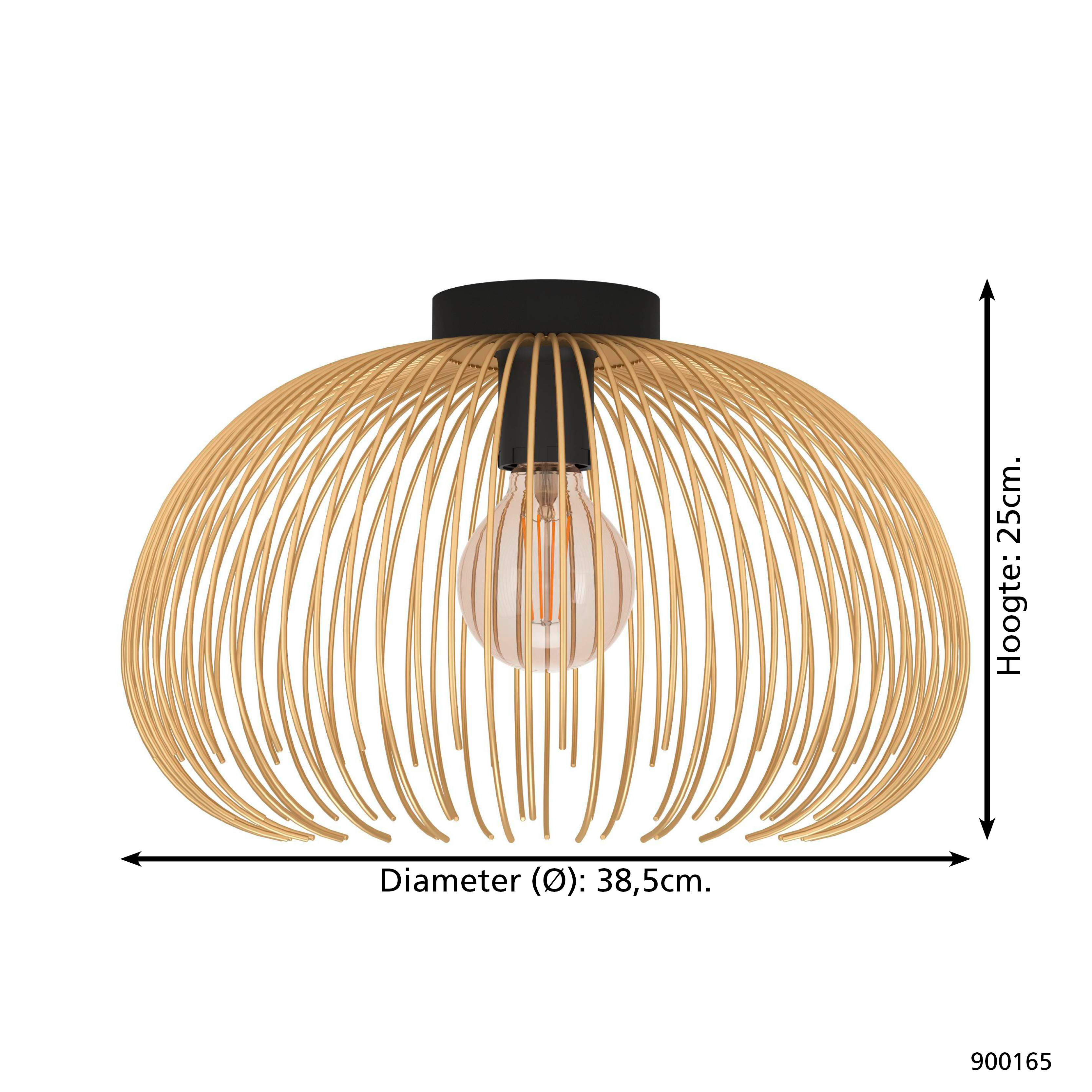 Une suspension de plafond dorée en forme de cage, avec une base noire et une ampoule visible ; avec dimensions.