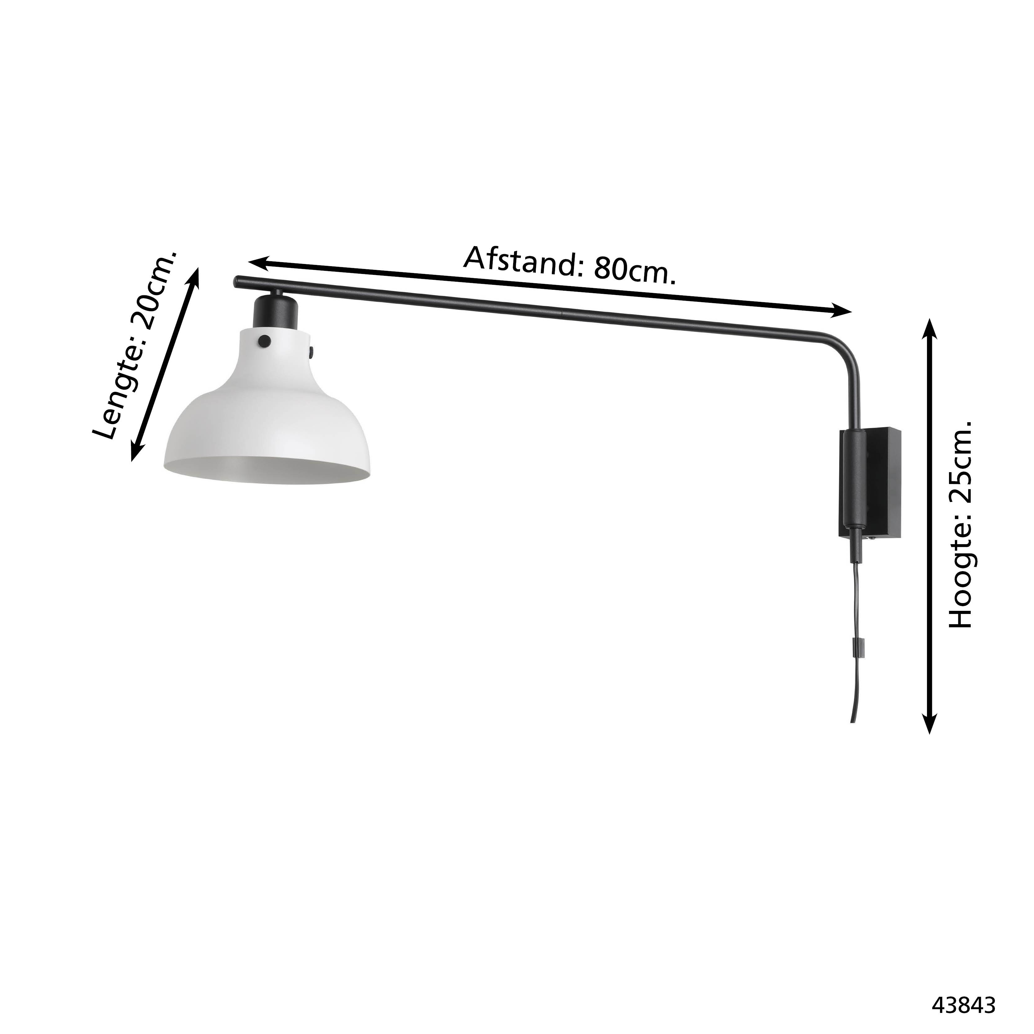 Eine weiße Lampe mit schwarzem Arm wird gezeigt. Abmessungen sind 20cm Länge, 80cm Abstand und 25cm Höhe.