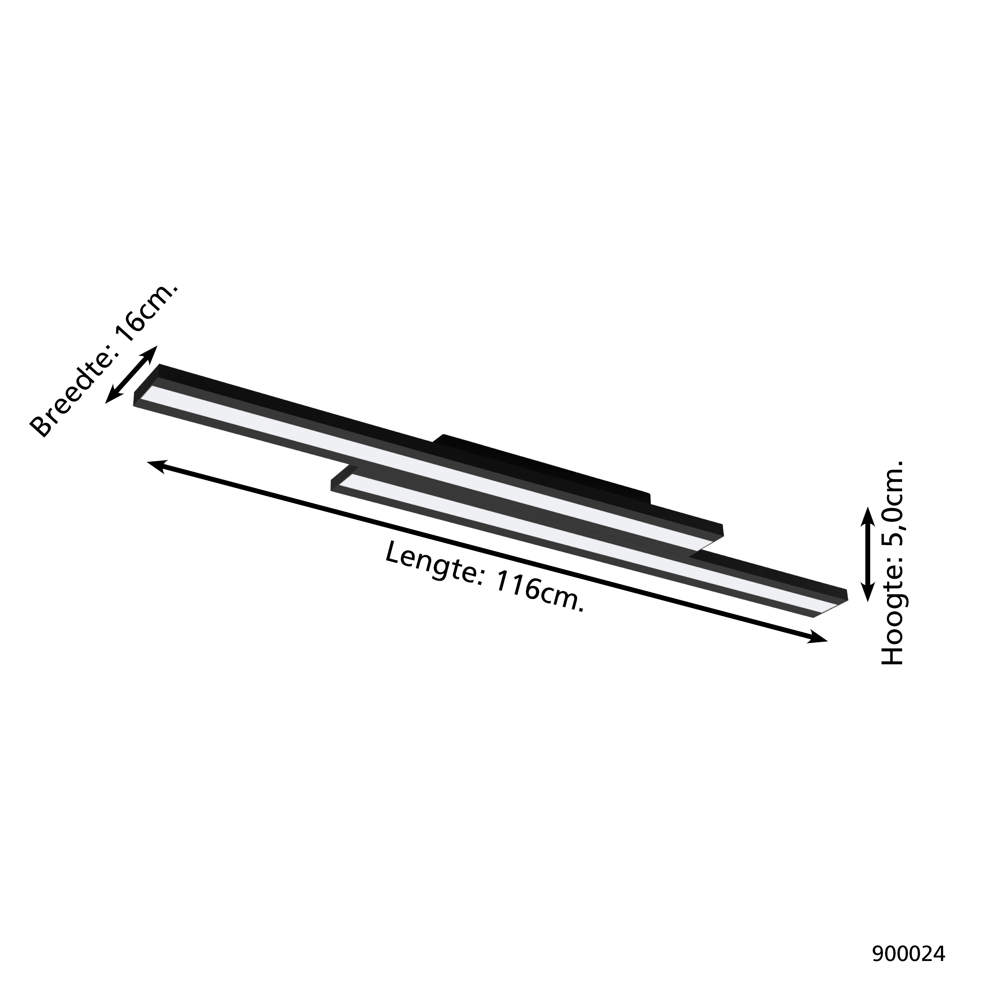 Luz de techo LED negra y rectangular, de 116 cm de largo, con luz blanca, dimensiones etiquetadas.