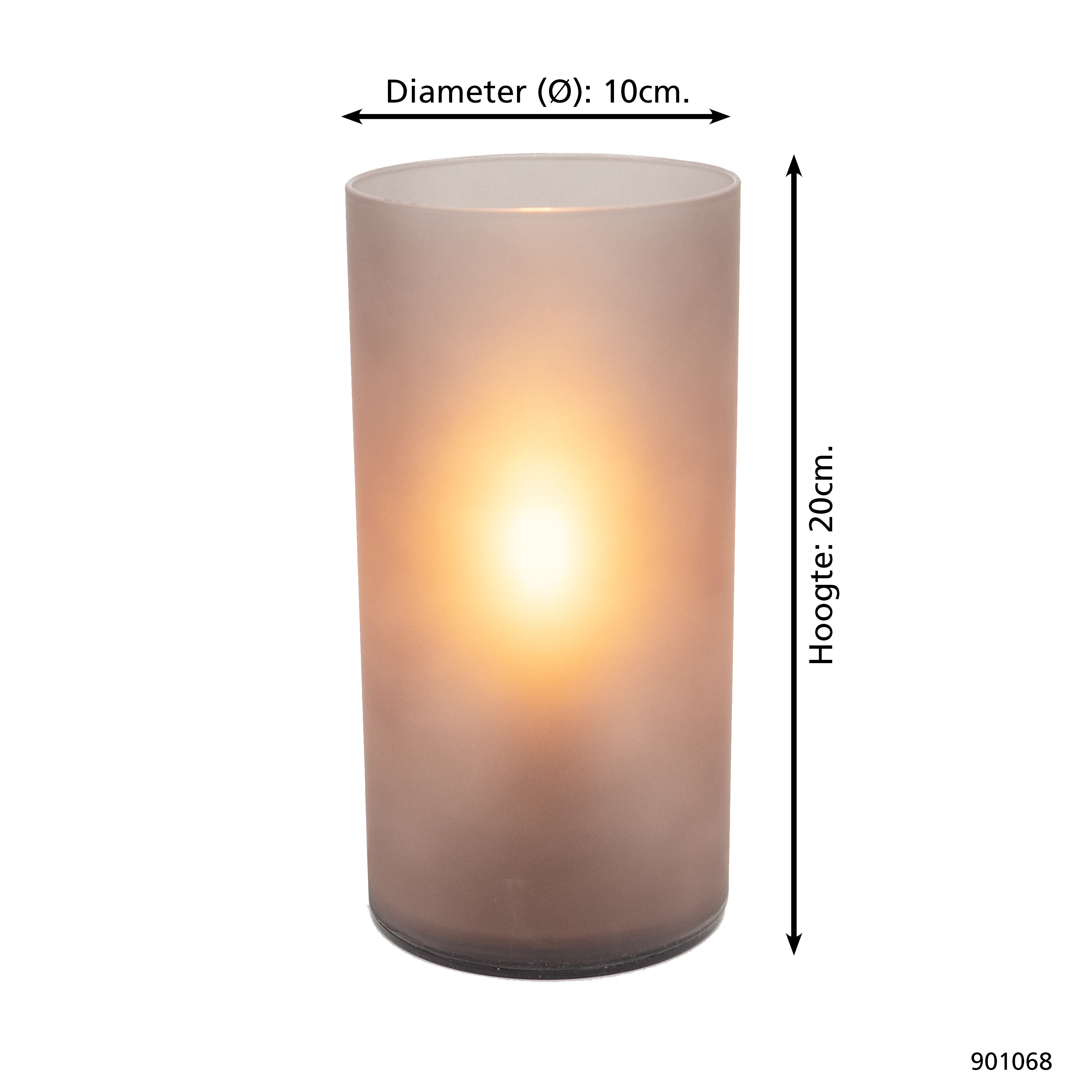 Ein zylindrischer Kerzenhalter mit leuchtendem Zentrum. Der Durchmesser beträgt 10 cm und die Höhe 20 cm. Die Farbe ist hellbraun.