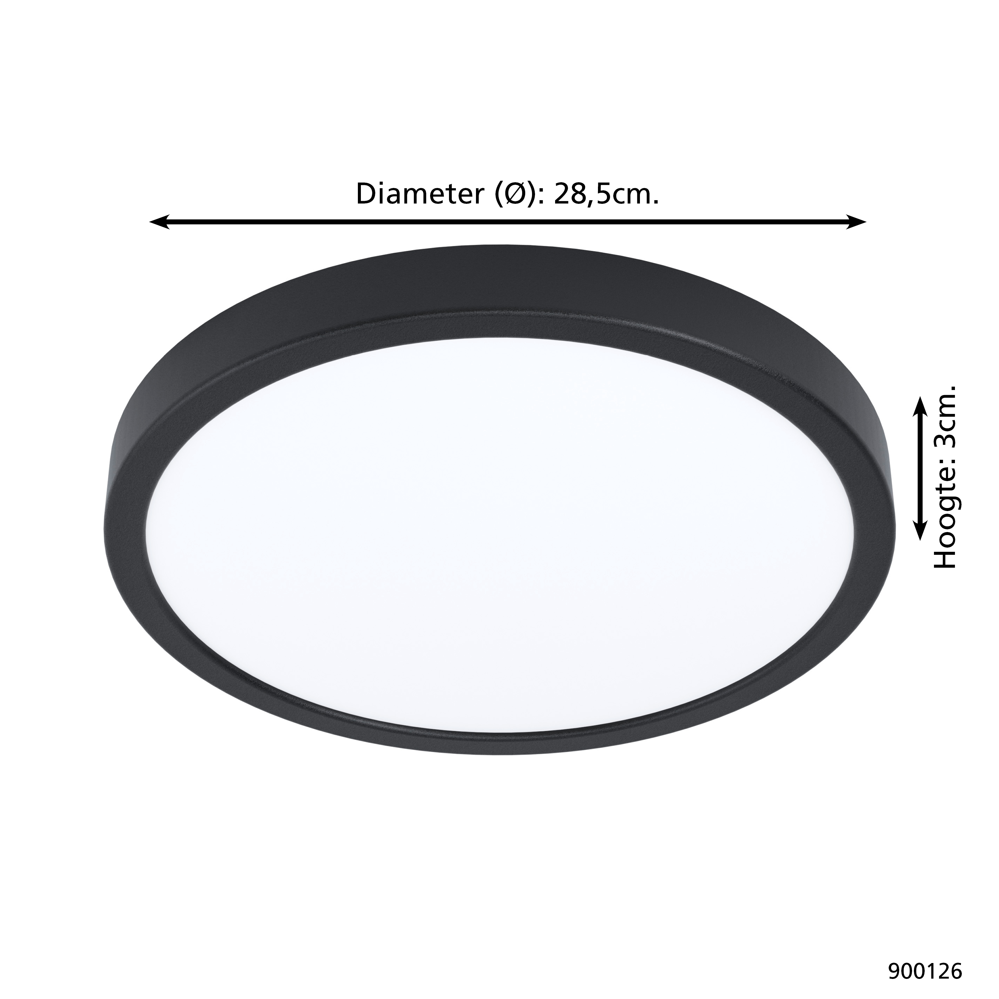 Una lámpara de techo redonda negra con superficie de luz blanca. El diámetro es 28,5 cm y la altura es 3 cm.