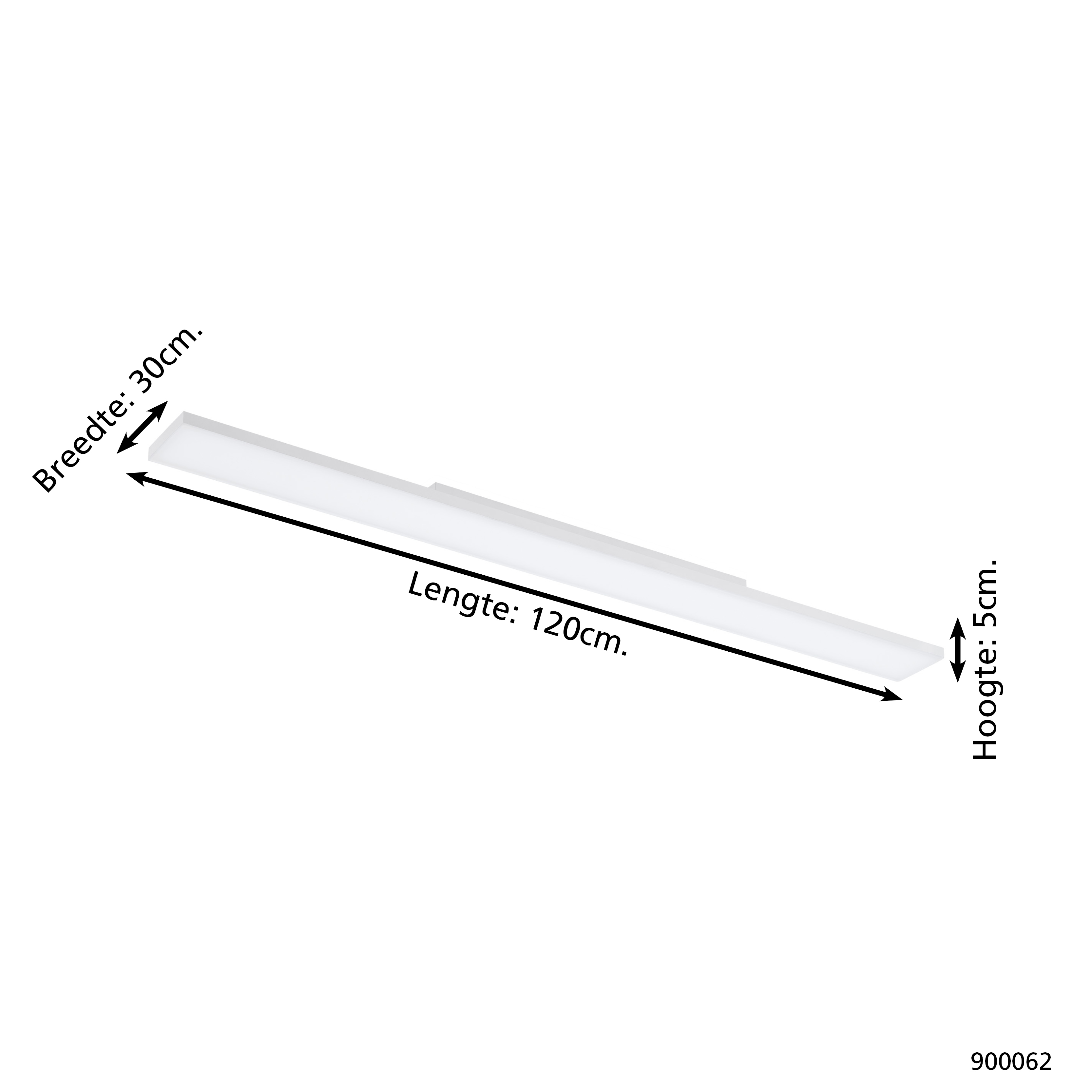 Una luminaria LED blanca y rectangular. Tiene unas dimensiones etiquetadas: 120 cm de largo, 30 cm de ancho y 5 cm de alto.