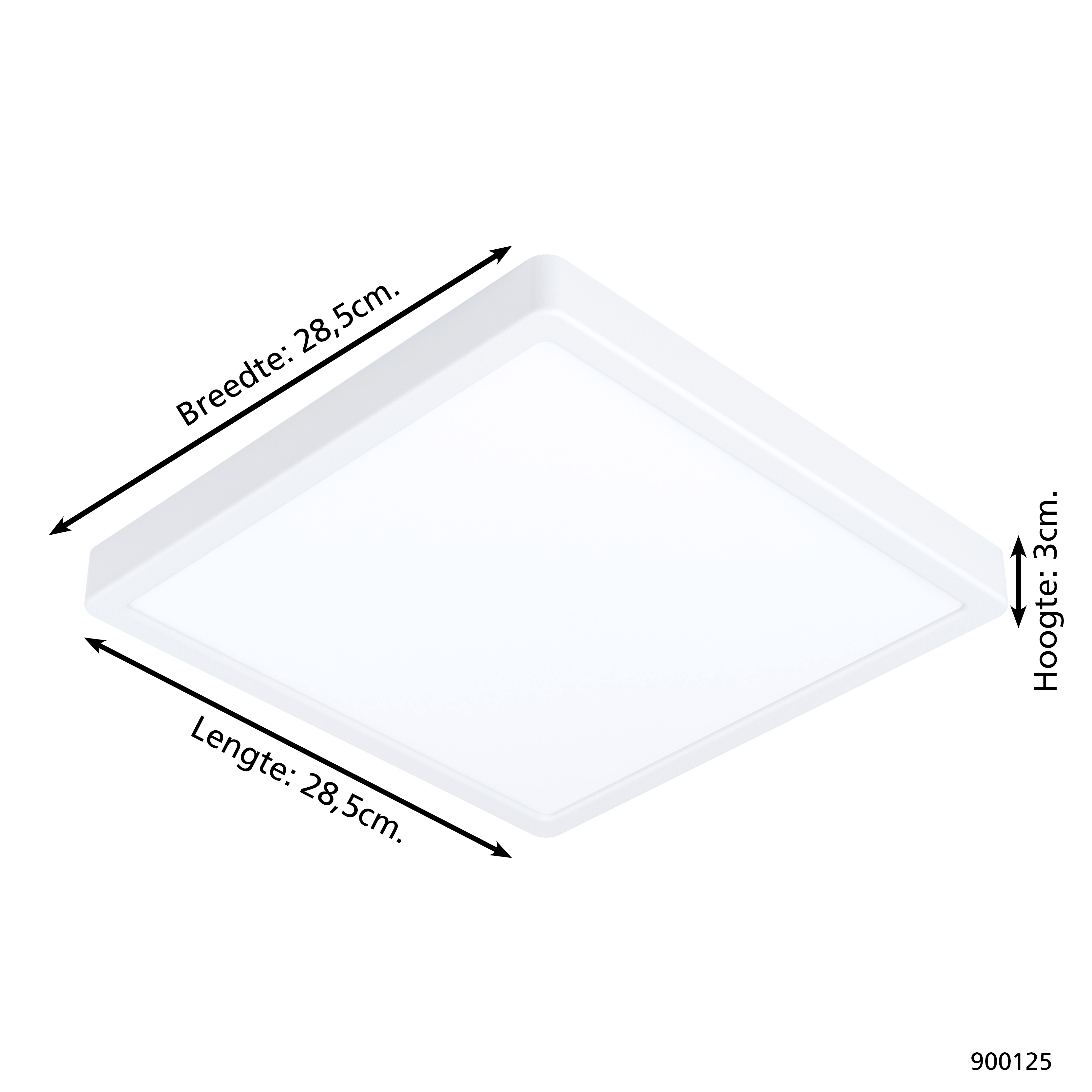 Se muestra una lámpara de techo LED cuadrada y blanca, con dimensiones en holandés: 28,5 cm de largo y ancho, y 3 cm de alto.