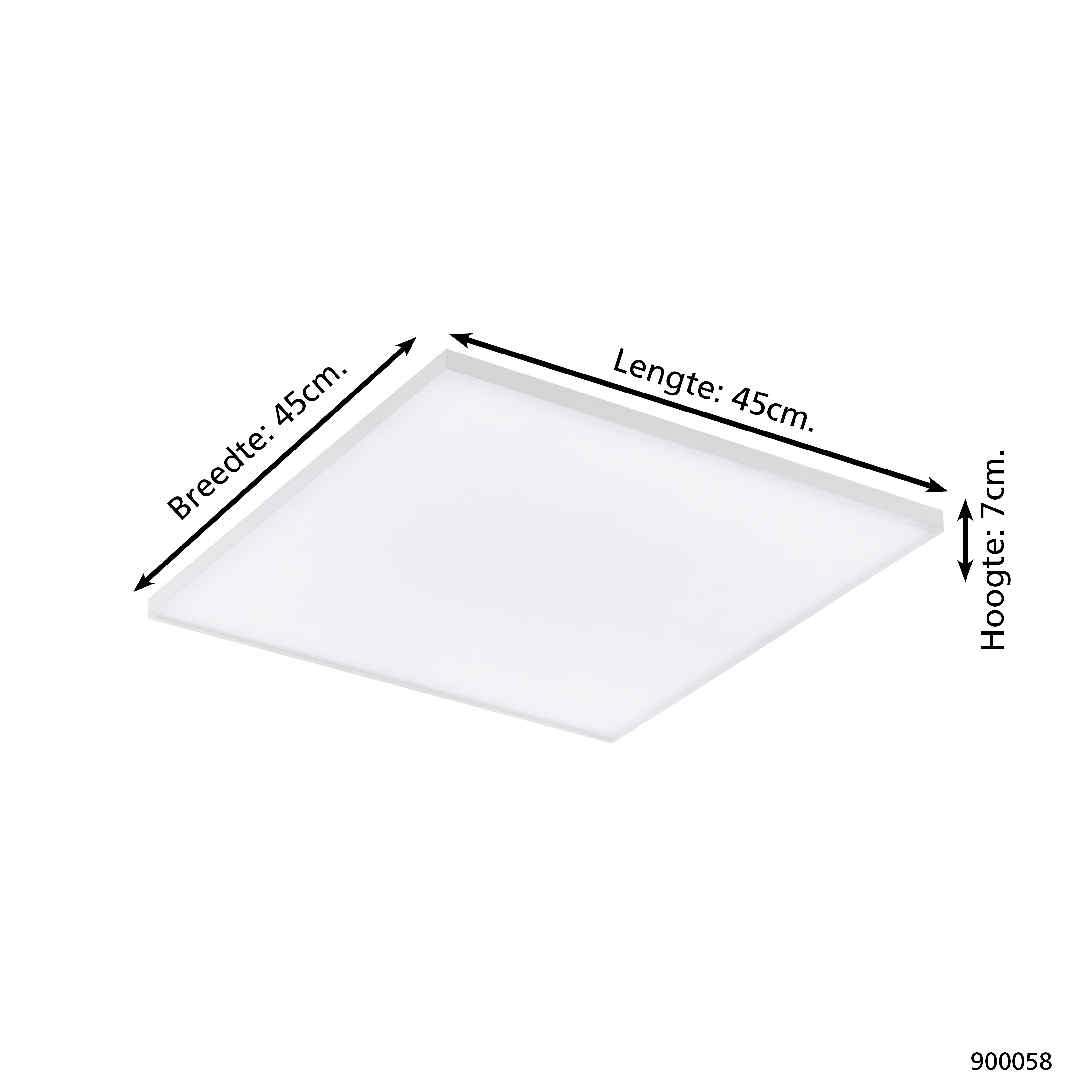 Panel LED cuadrado blanco de 45cm x 45cm x 7cm. Las medidas se indican con flechas negras.