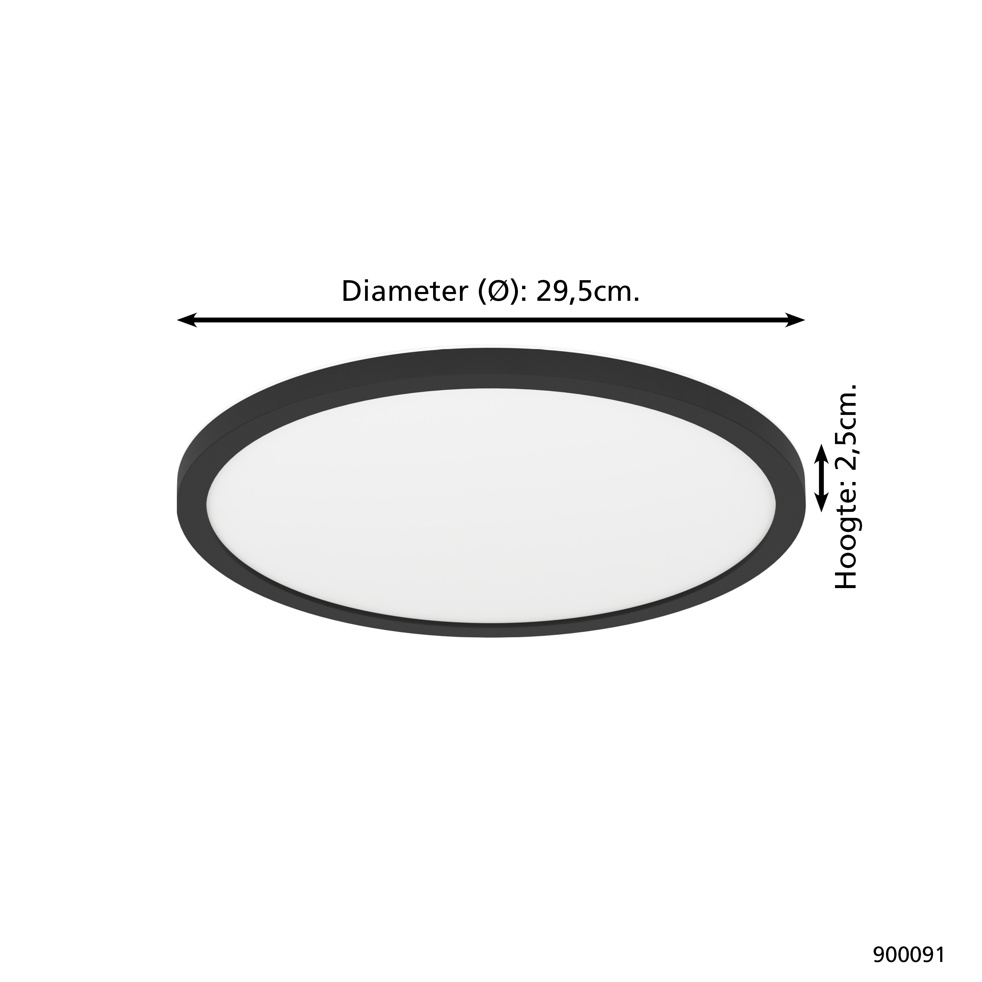 Eine kreisförmige Deckenleuchte mit schwarzem Rahmen, weißem Innenraum und Abmessungen: Durchmesser 29,5 cm, Höhe 2,5 cm.