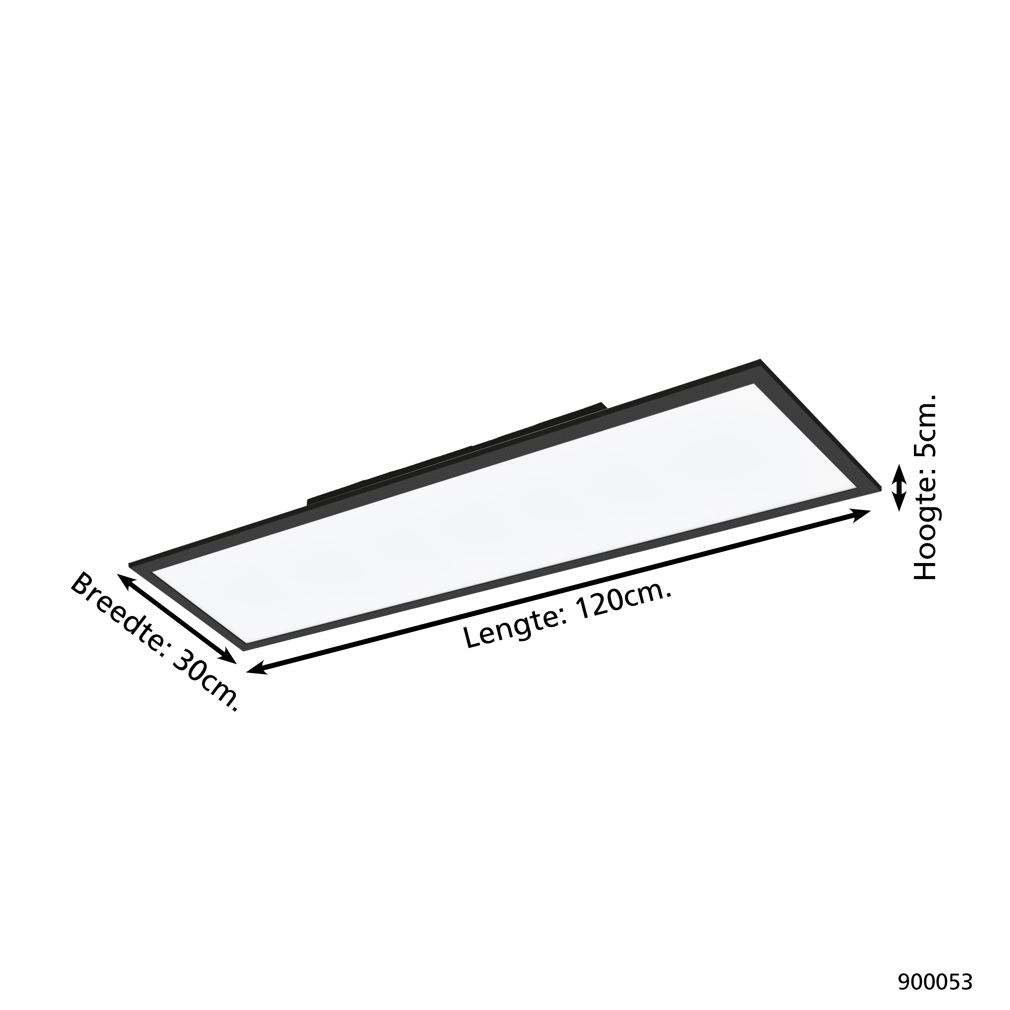 Una plafoniera rettangolare nera con interno bianco. Dimensioni: 120cm di lunghezza, 30cm di larghezza e 5cm di altezza.
