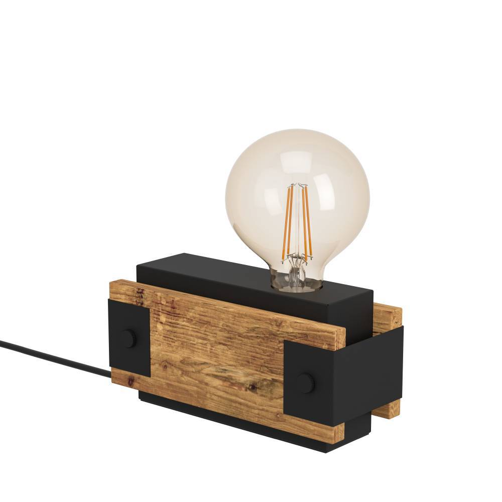 Eine Holz- und Metalllampe mit einer großen Glühbirne. Die Lampe steht vor einem weißen Hintergrund. Ein schwarzes Kabel geht von der Lampe ab.
