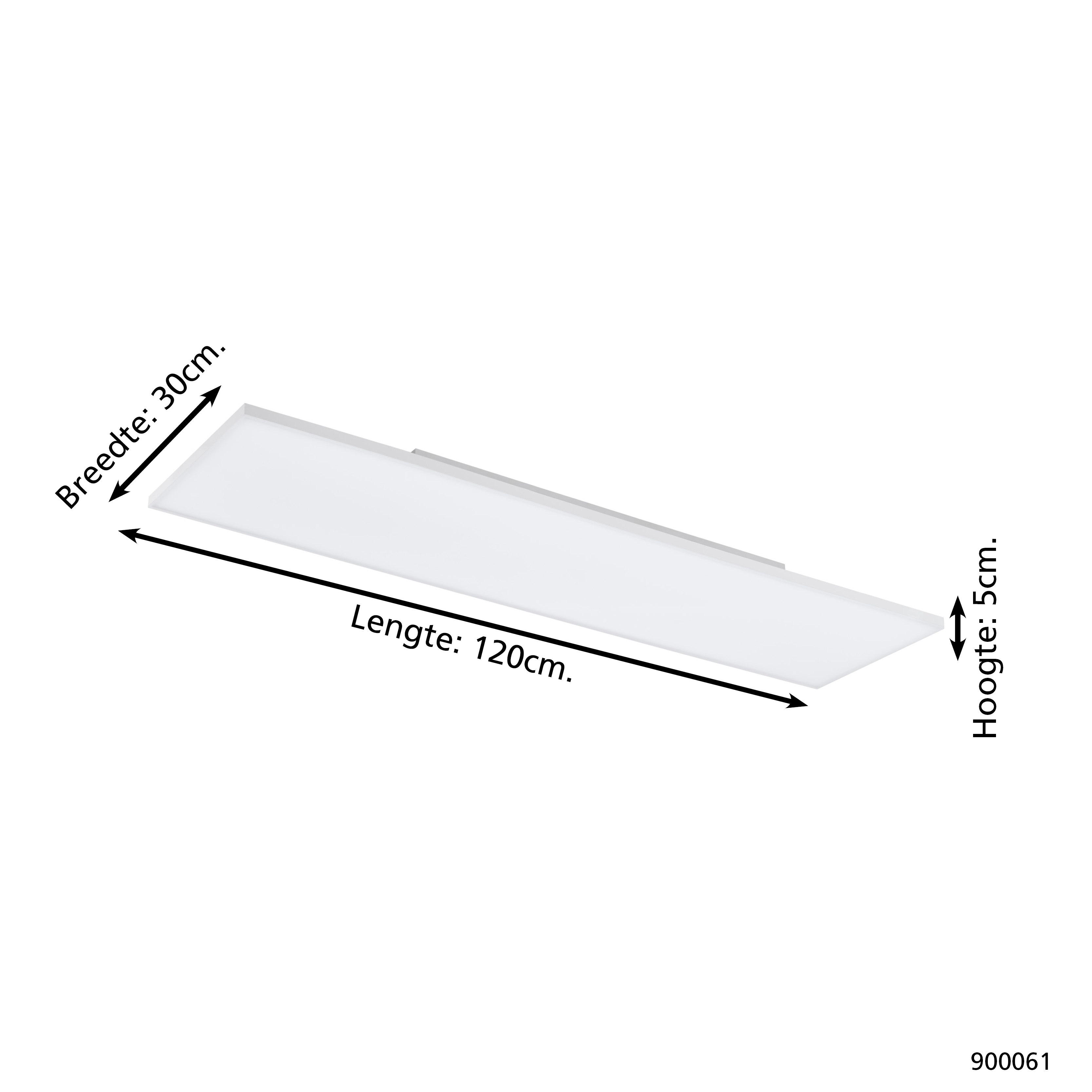 Una luminaria rectangular blanca, dimensiones etiquetadas. Largo: 120 cm, ancho: 30 cm, alto: 5 cm. Sobre fondo blanco.