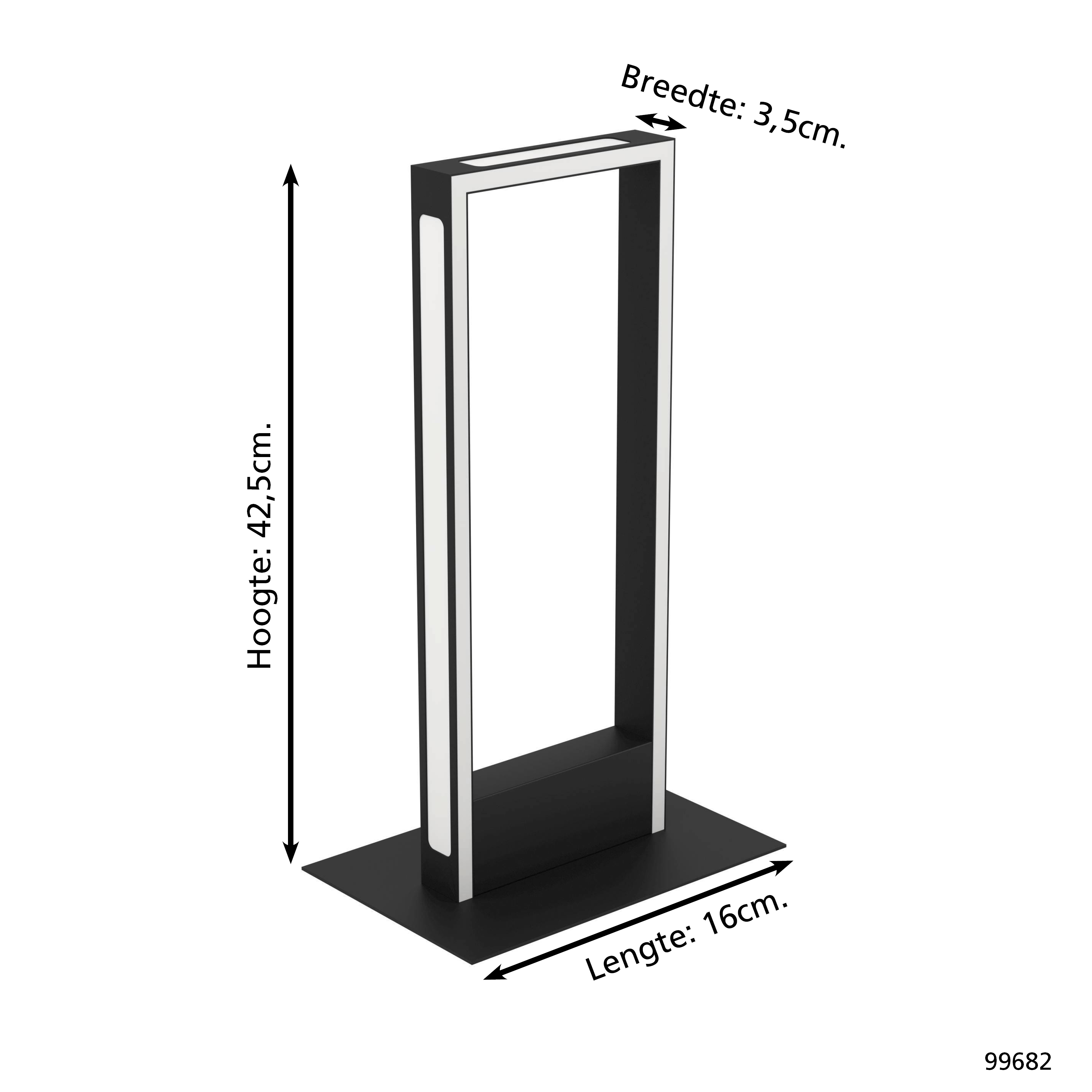 Eine schwarz-weiße rechteckige Lampe. Maße: Höhe 42,5 cm, Breite 3,5 cm, Länge 16 cm.