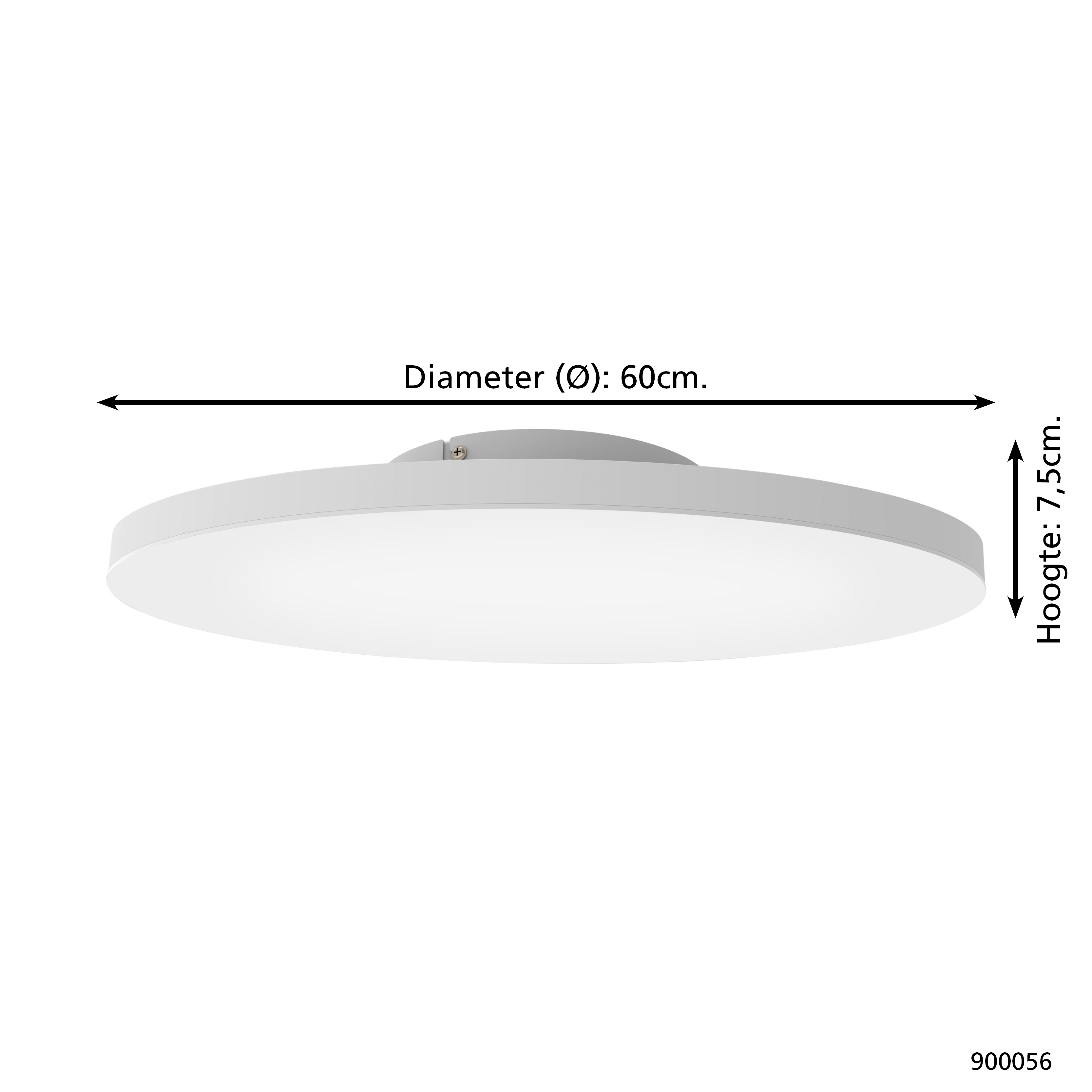 Una plafoniera bianca e rotonda. Diametro 60 cm, altezza 7,5 cm. Dimensioni etichettate.