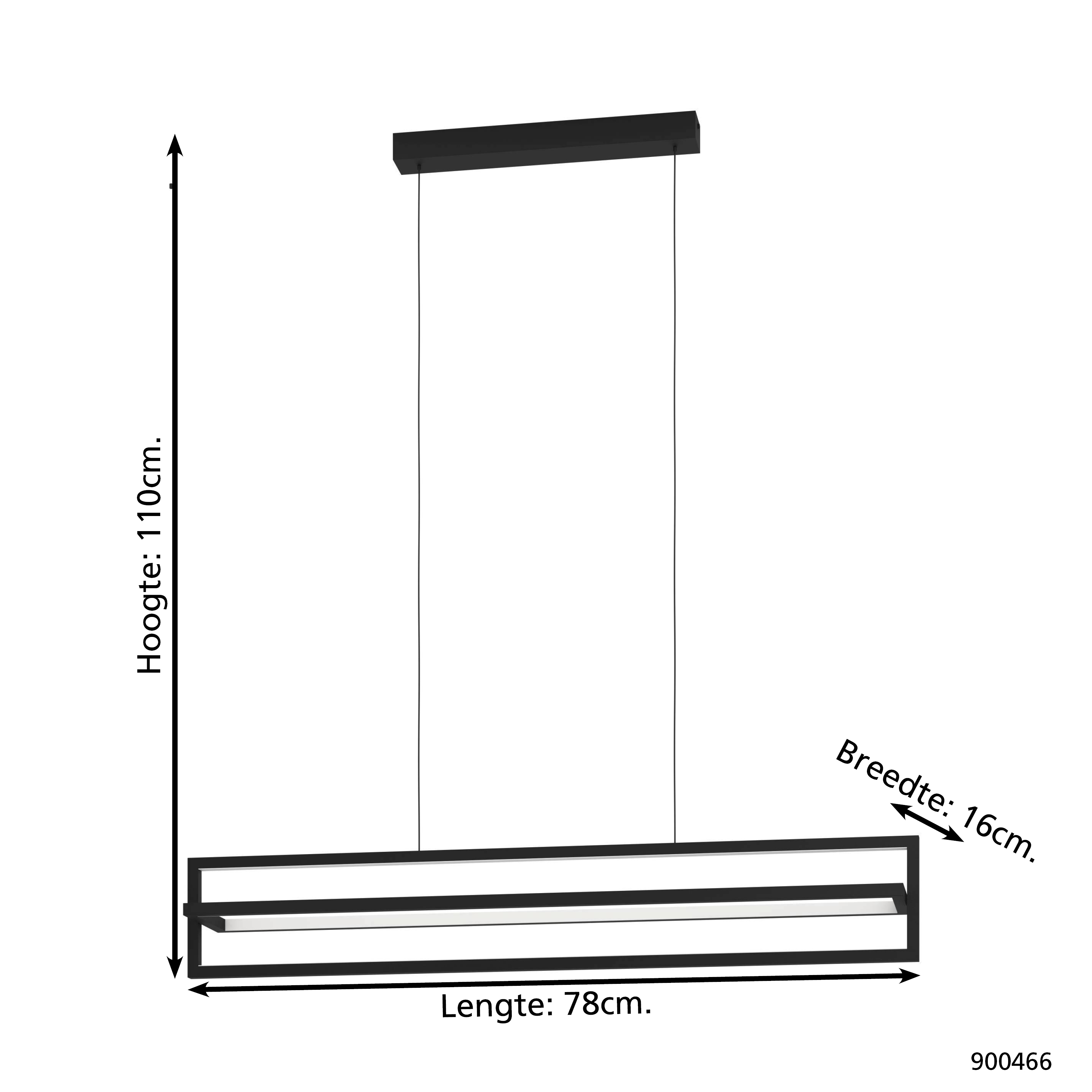 Schwarze rechteckige Pendelleuchte. Abmessungen: 110 cm Höhe, 78 cm Länge und 16 cm Breite. Ein weißer Lichtstreifen ist sichtbar.
