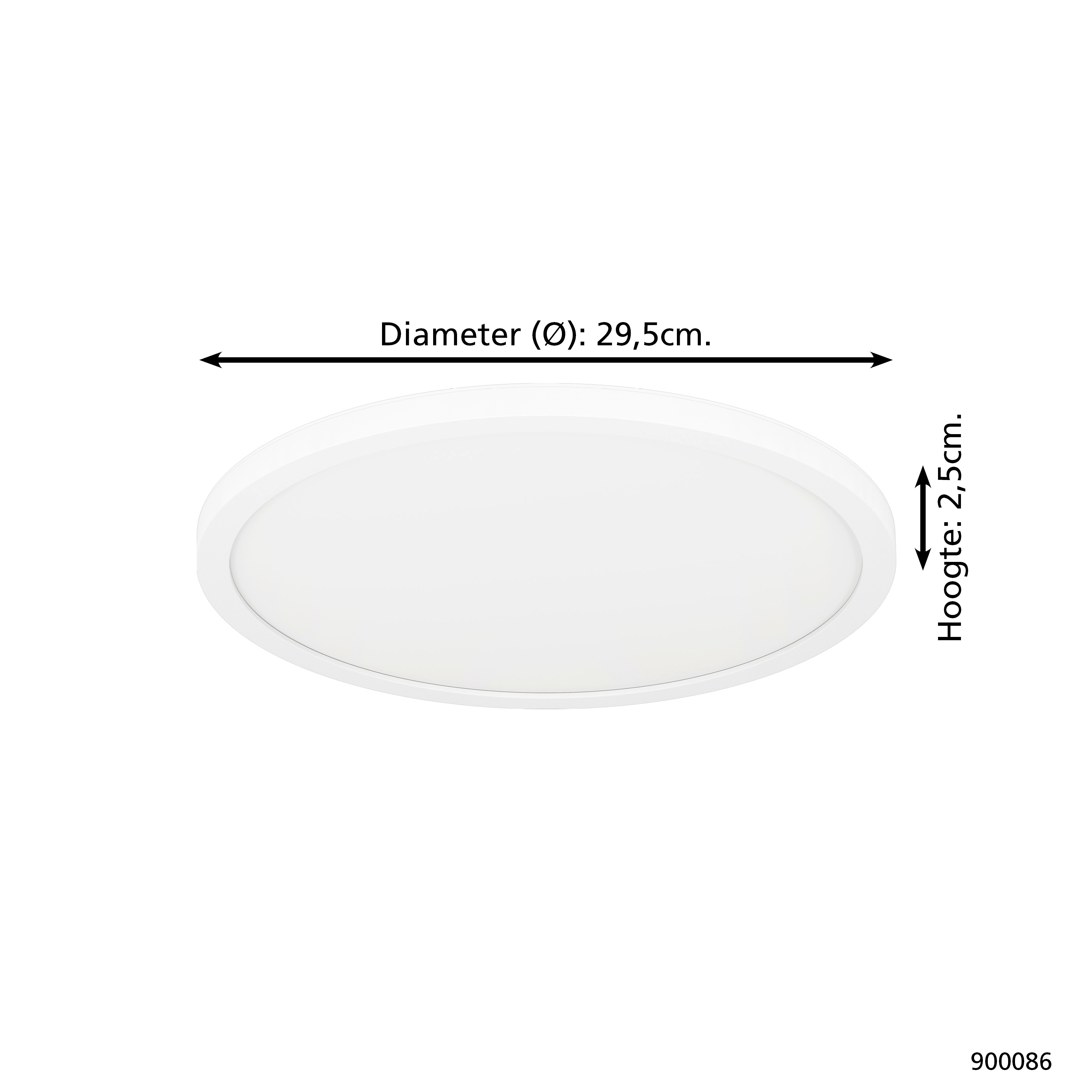 Eine weiße, kreisförmige Deckenleuchte. Abmessungen sind beschriftet: 29,5 cm Durchmesser, 2,5 cm Höhe. Hintergrund ist weiß.