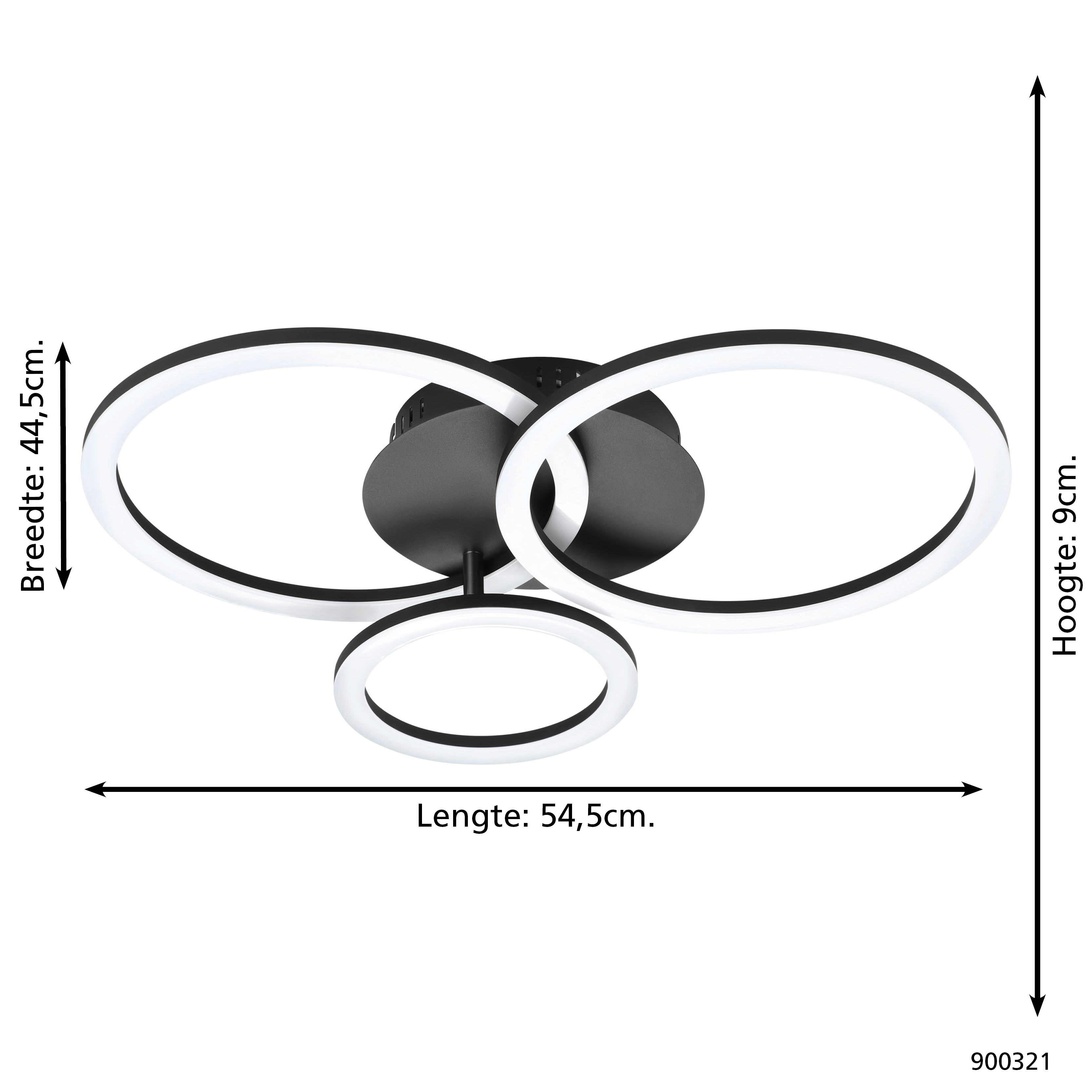 Una lampada da soffitto nera con tre anelli illuminati, dimensioni: 44,5 cm larghezza, 54,5 cm lunghezza, 9 cm altezza.