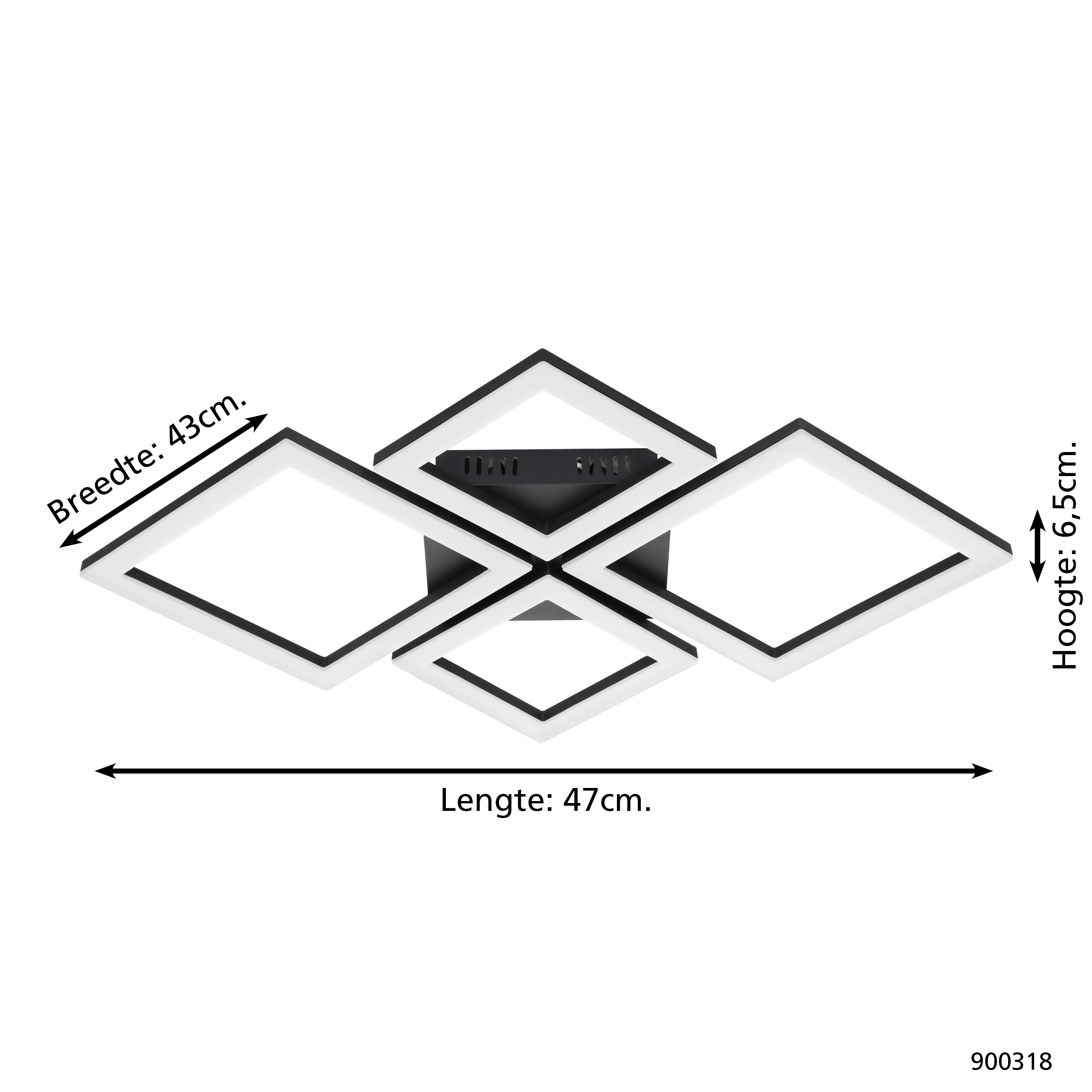 Lampada da soffitto moderna con cornice nera e quadrati bianchi illuminati. Dimensioni etichettate.