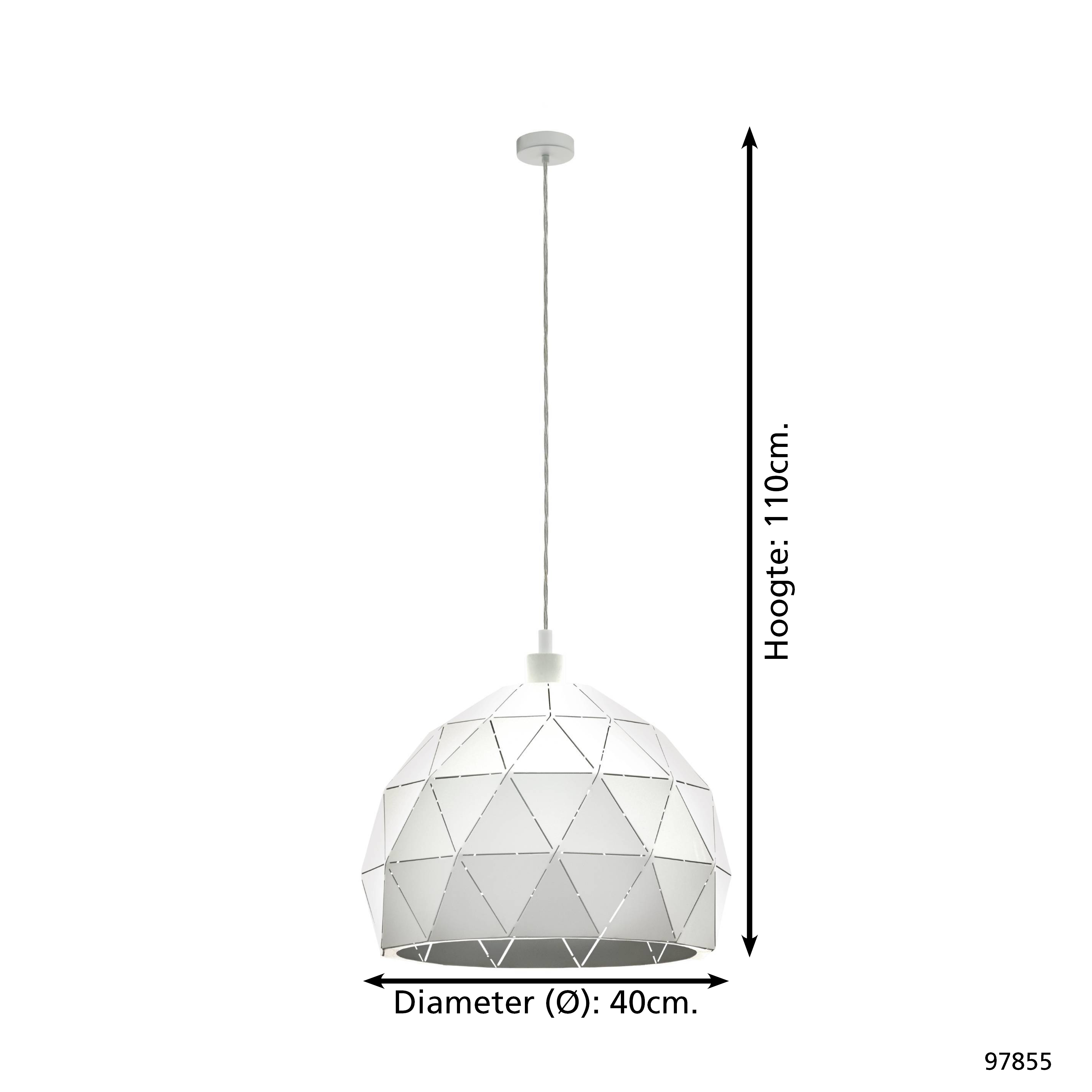 Eine weiße geometrische Pendelleuchte hängt. Der Durchmesser beträgt 40 cm und die Höhe 110 cm. Der Hintergrund ist weiß.