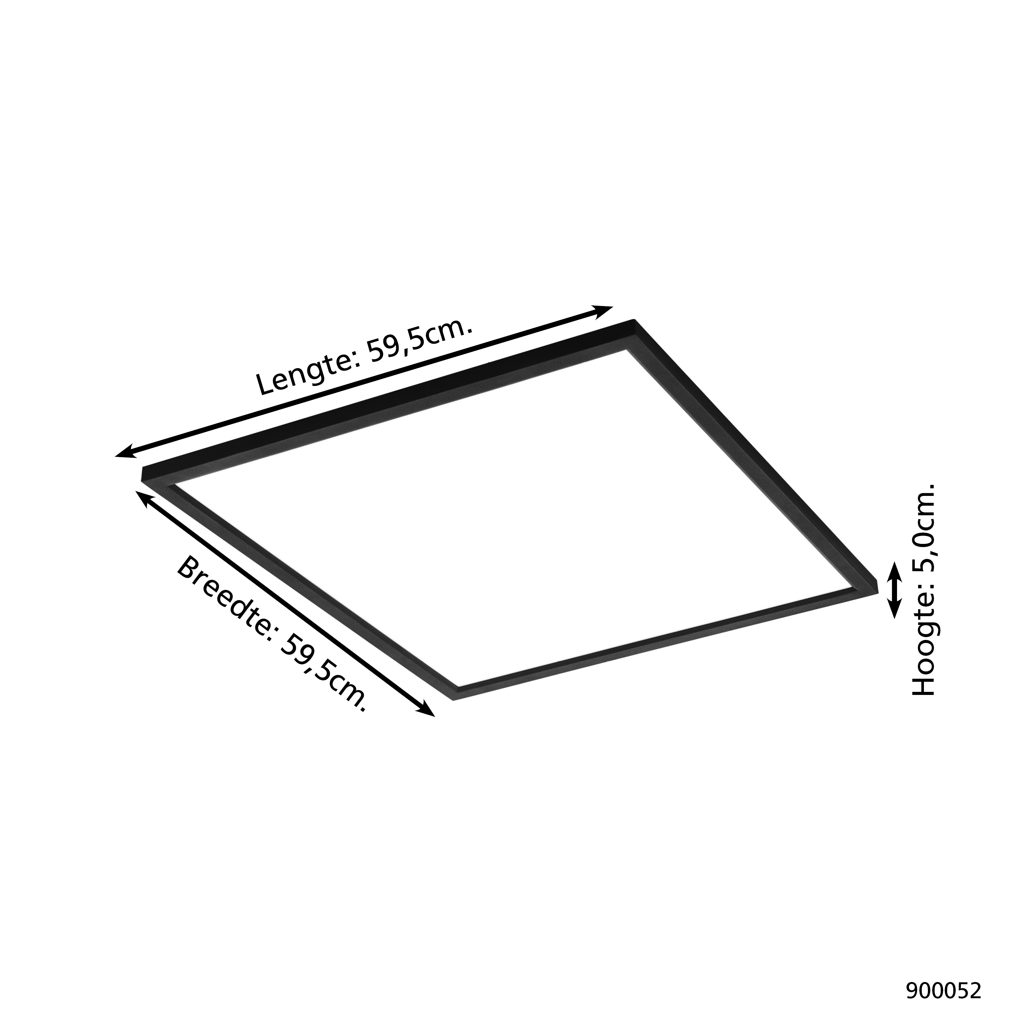 Un oggetto quadrato con cornice nera e interno bianco. Dimensioni: 59,5 cm di lunghezza, 59,5 cm di larghezza e 5,0 cm di altezza.