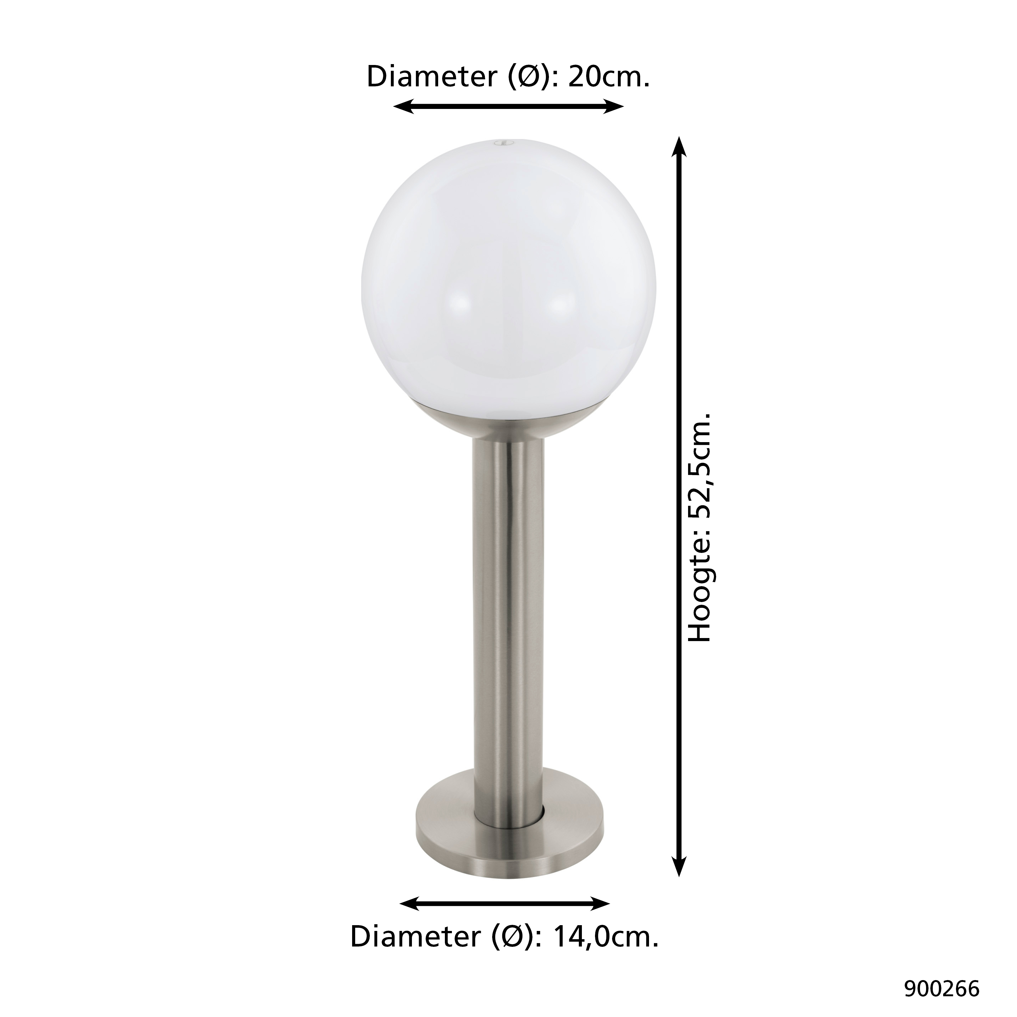 Eine runde, weiße Außenlampe mit Metallfuß und -stange. Abmessungen sind auf dem Bild angegeben.