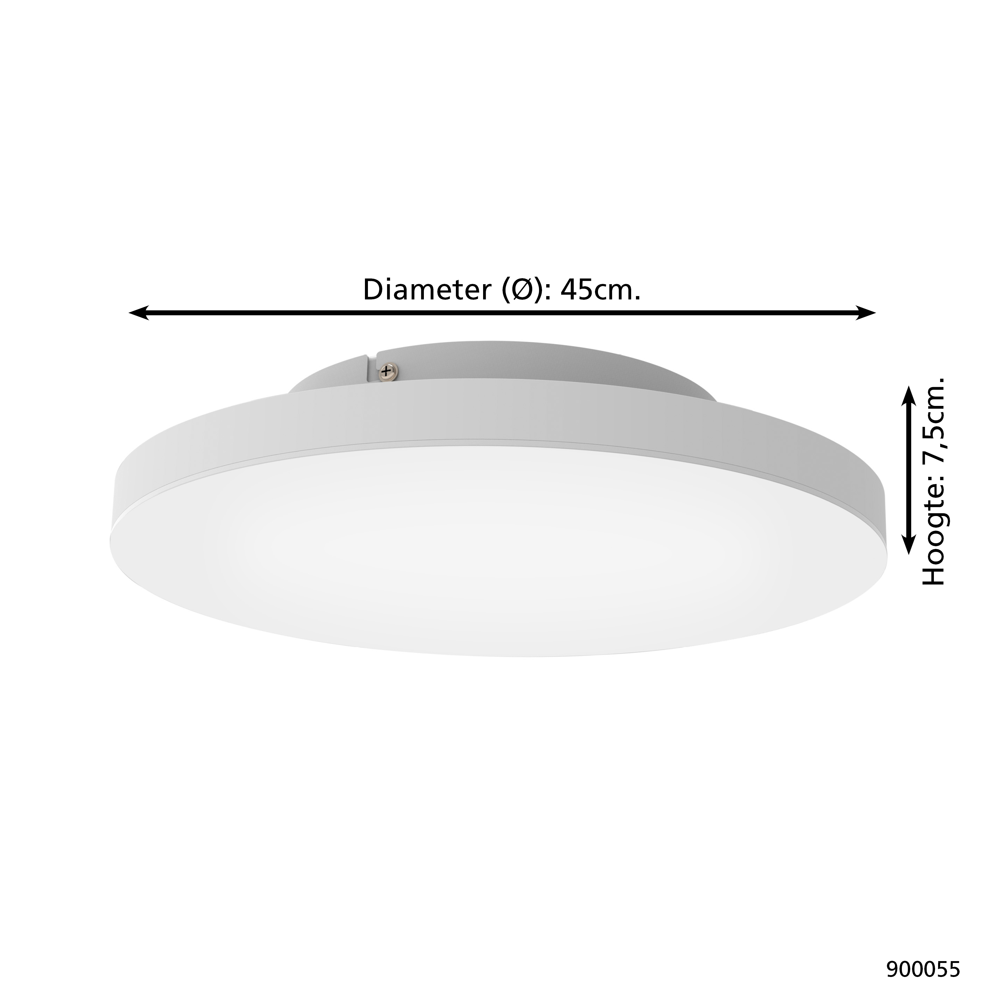 Una lampada da soffitto rotonda bianca con misure. Il diametro è di 45 cm, l'altezza di 7,5 cm. La lampada è su sfondo bianco.
