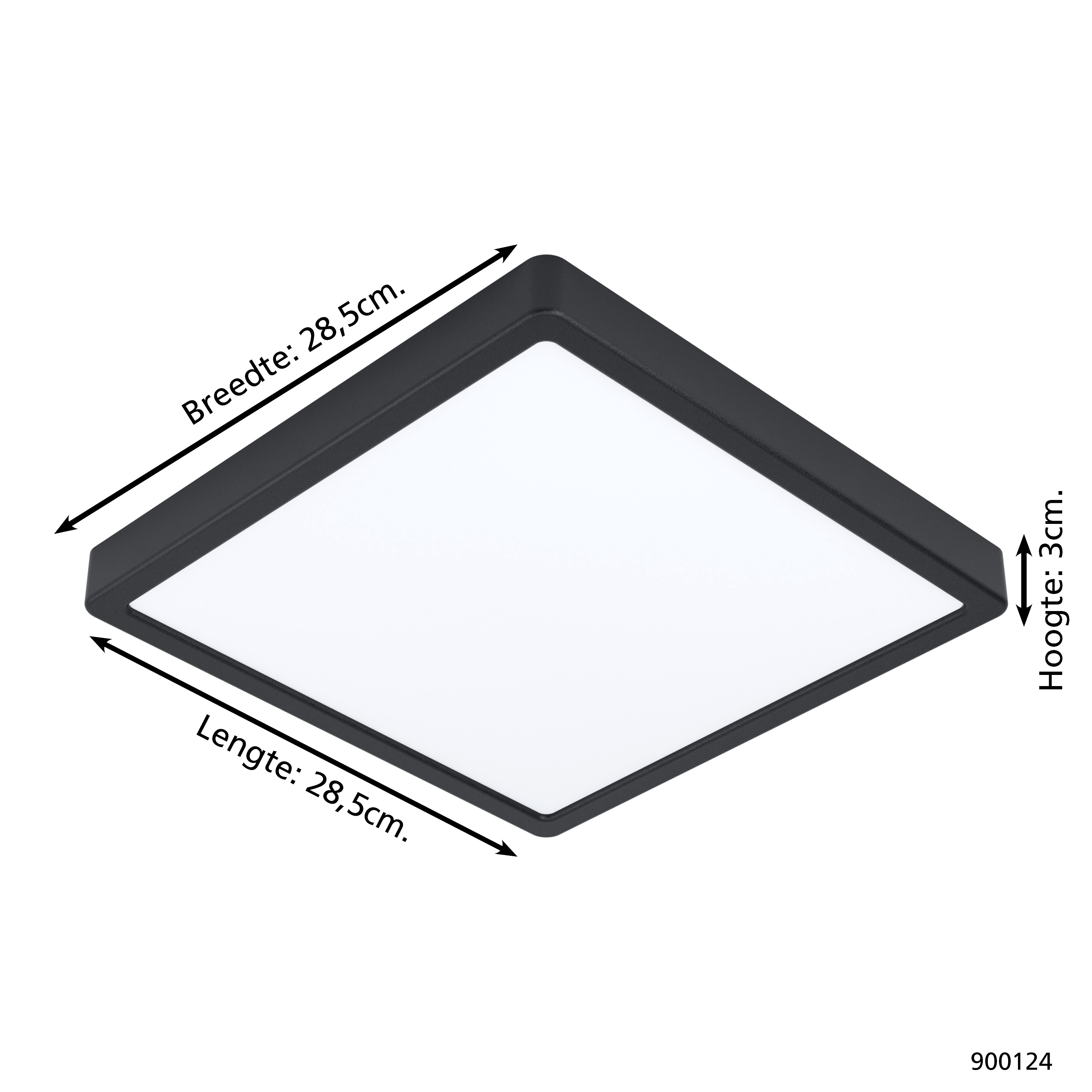 Luz de techo cuadrada con marco negro y centro blanco. Dimensiones: 28,5 cm largo y ancho, 3 cm alto.