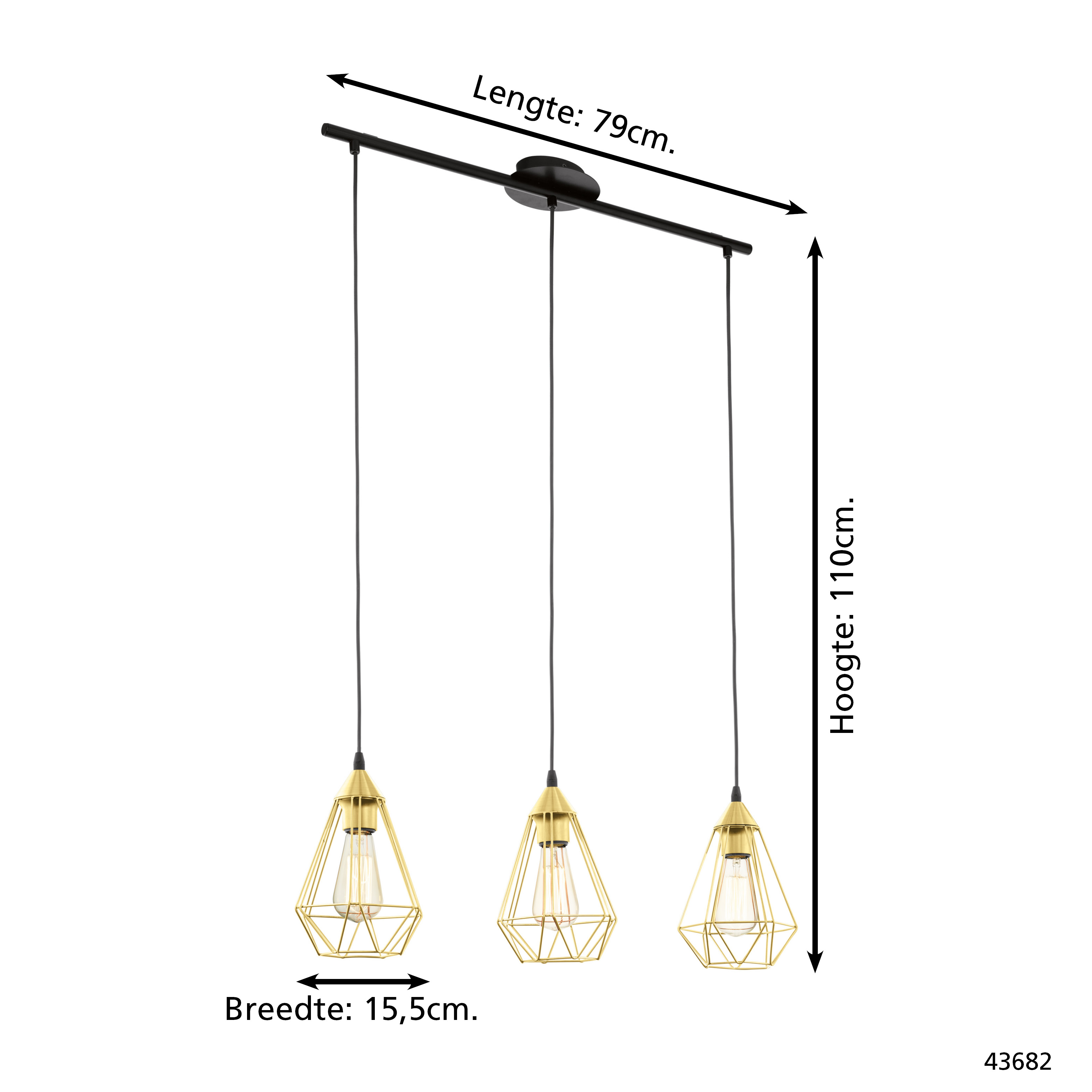 Eine schwarze Lampe mit drei goldenen rautenförmigen Schirmen, jede mit einer Glühbirne, die an einer horizontalen Stange hängen.