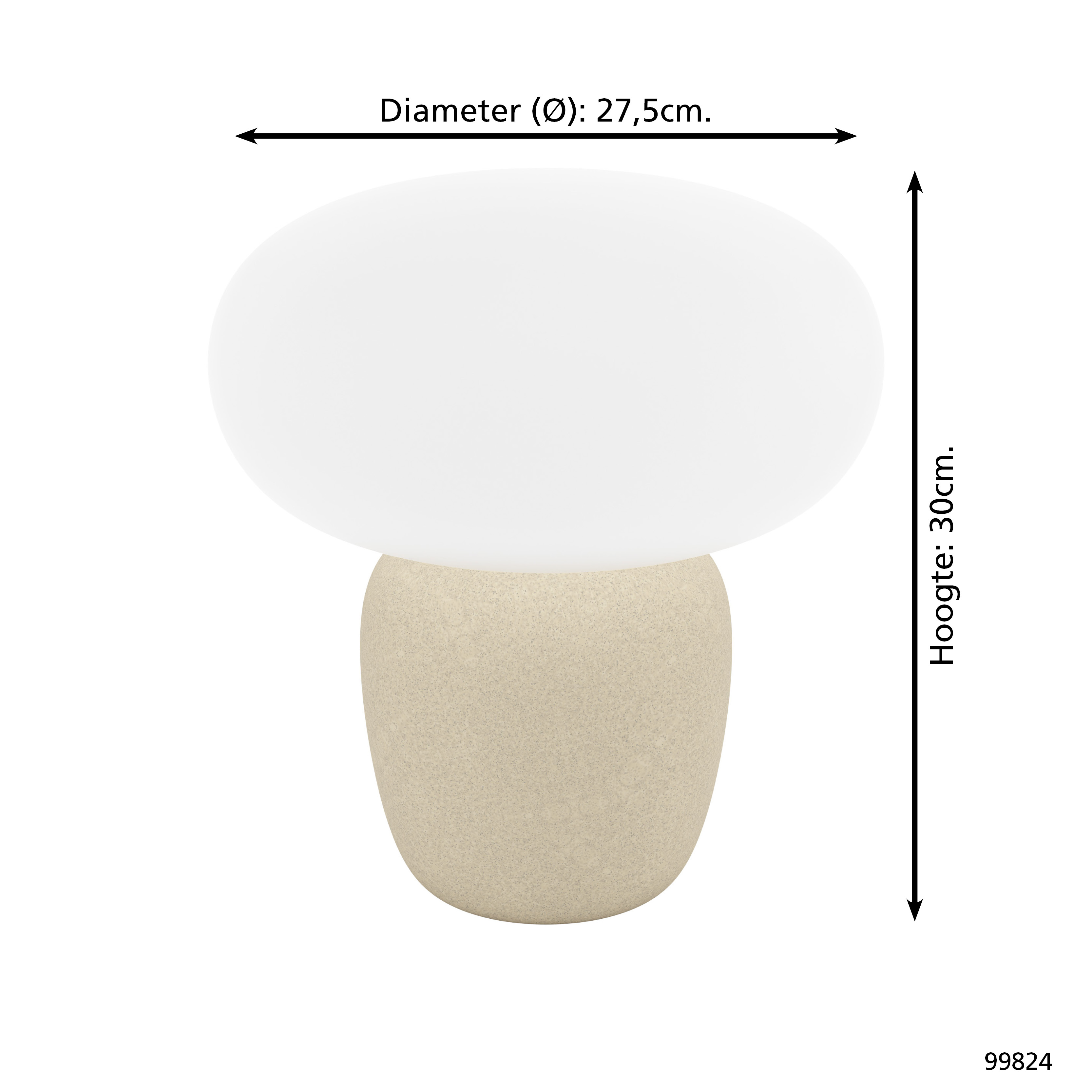 Eine pilzförmige Lampe mit weißem Oberteil und beigefarbenem Sockel. Abmessungen sind angegeben.