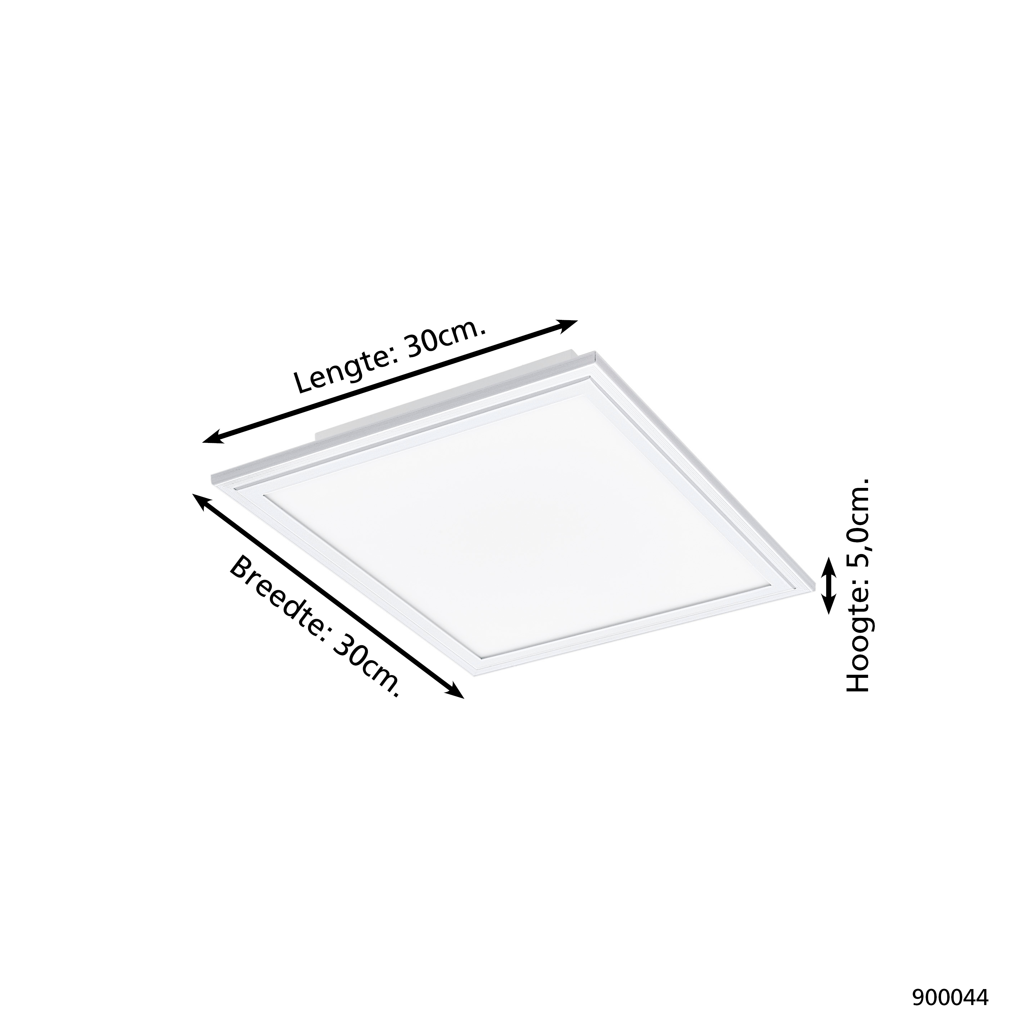 È mostrata una plafoniera quadrata bianca con dimensioni. Le dimensioni sono 30 cm x 30 cm x 5,0 cm.
