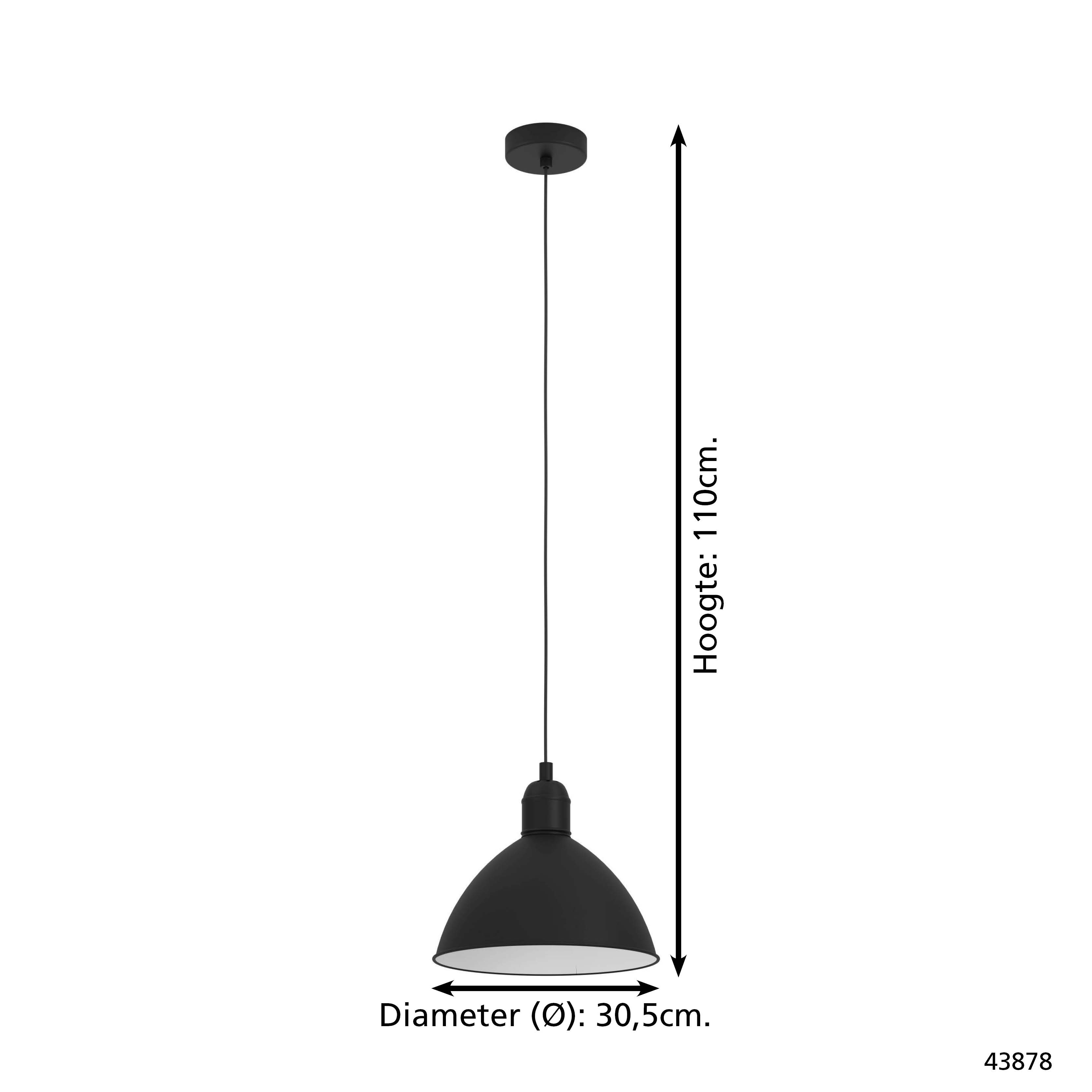 Una lampada a sospensione nera con paralume conico è appesa. Ha un diametro di 30,5 cm e un'altezza di 110 cm.