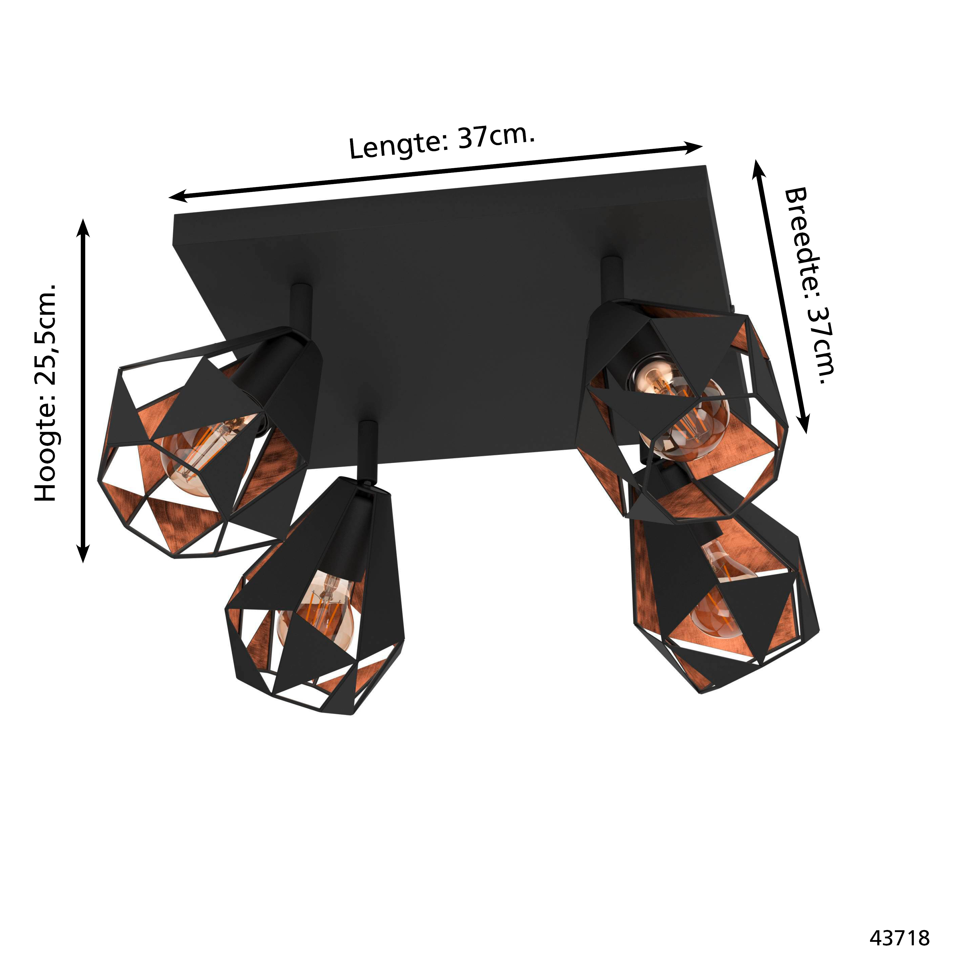 Lámpara de techo geométrica negra con cuatro luces e interior color cobre. Dimensiones en cm indicadas.