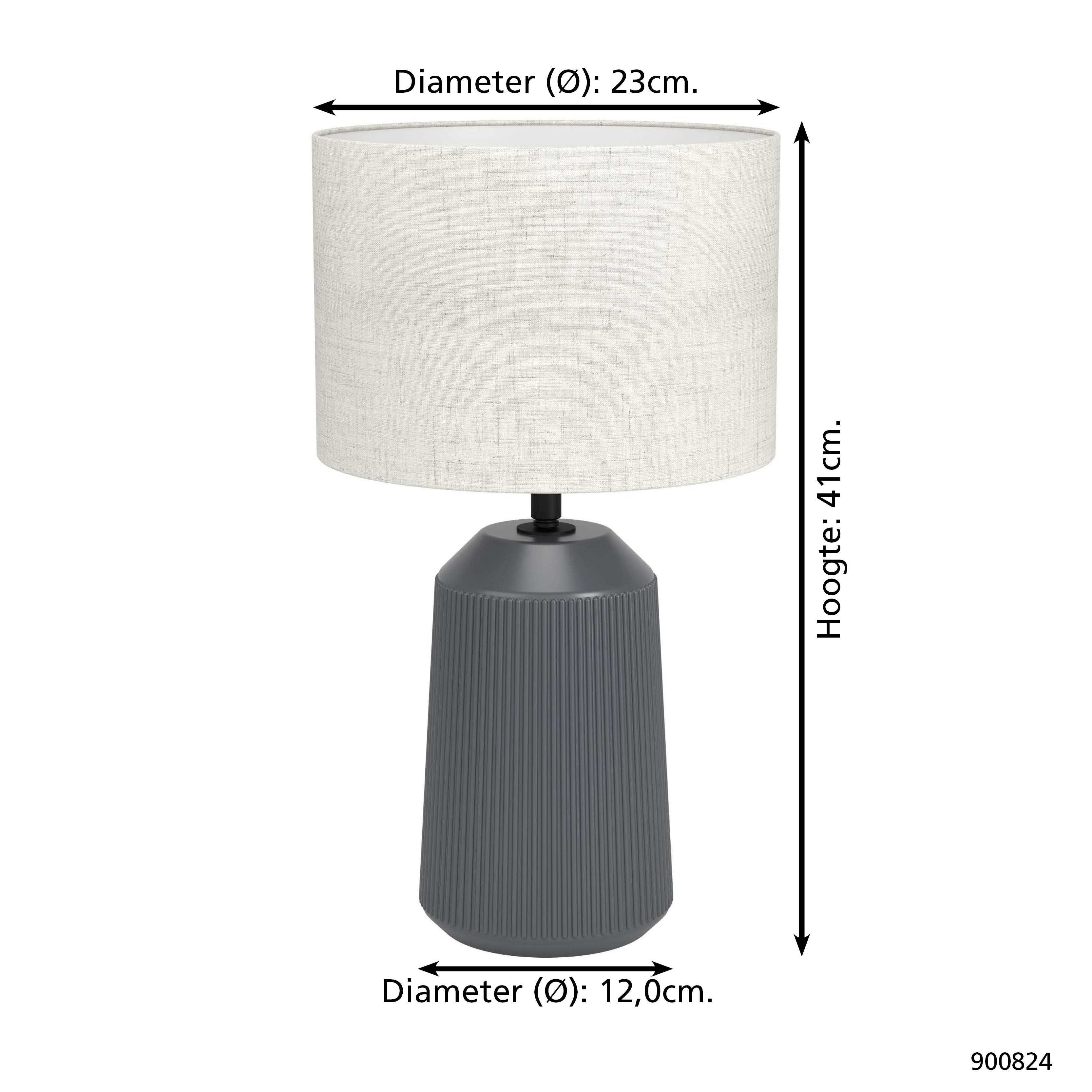 Eine graue Lampe mit zylindrischem Fuß und hellgrauem Lampenschirm. Maße sind auf dem Bild sichtbar.