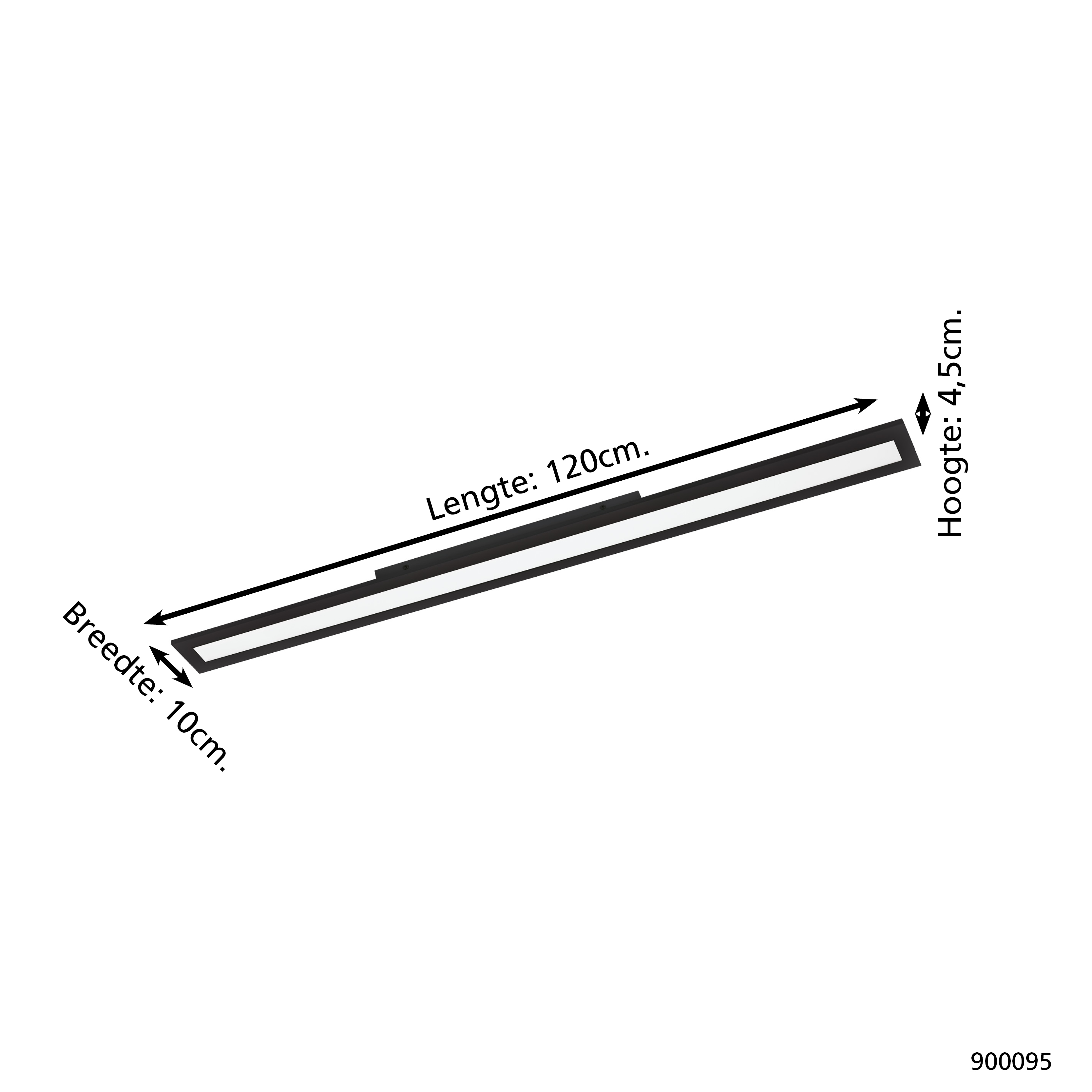 Un apparecchio di illuminazione rettangolare in bianco e nero è mostrato, con dimensioni etichettate. È lungo 120 cm, largo 10 cm e alto 4,5 cm.