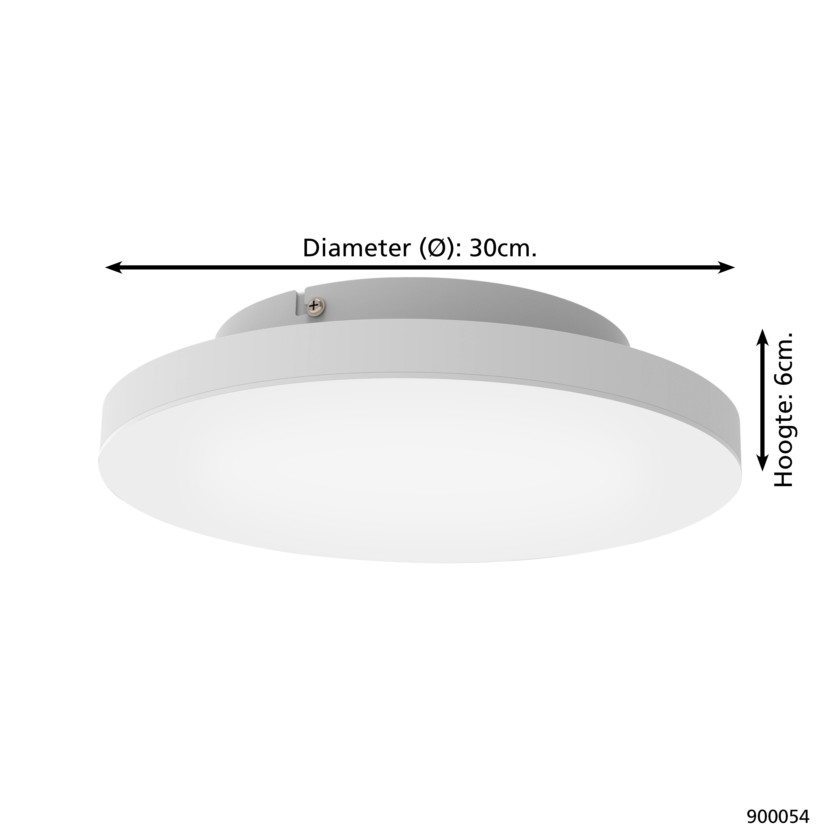 Lampada da soffitto rotonda bianca, diametro 30cm, altezza 6cm. Sfondo bianco.