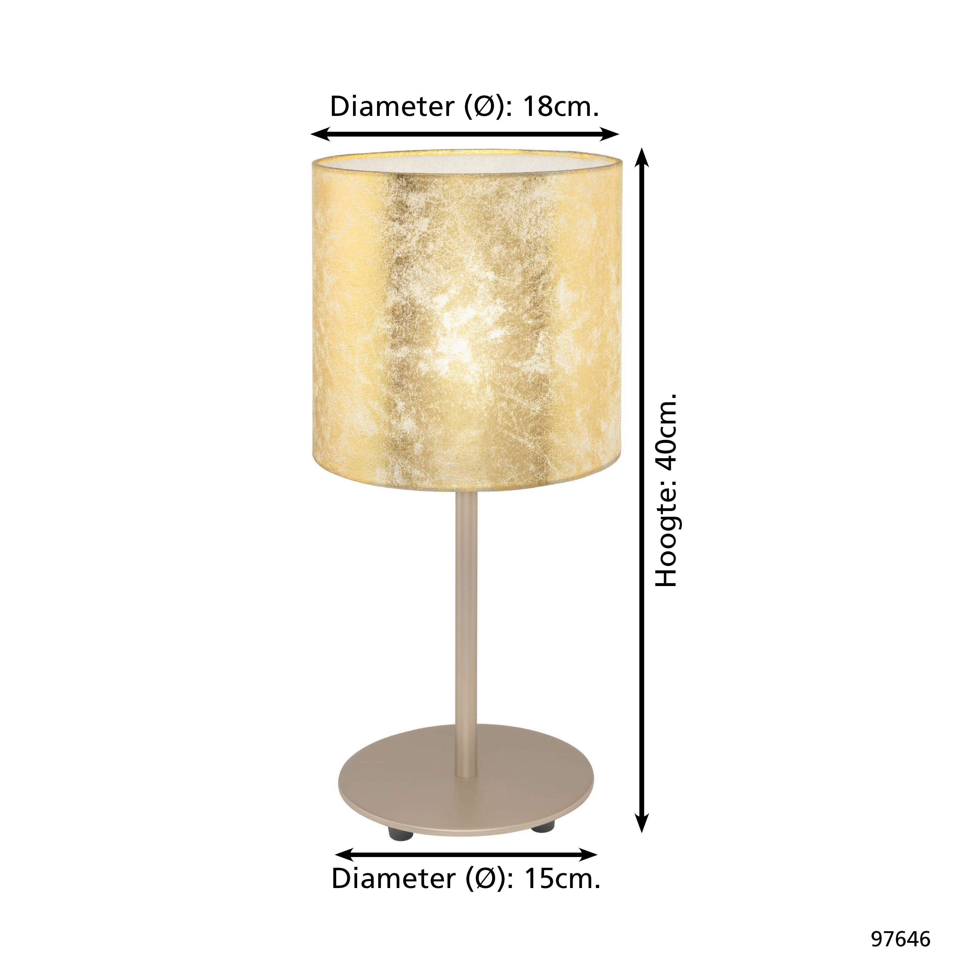 Eine Lampe mit goldfarbenem Lampenschirm und beigem Sockel. Maße sind angegeben. Die Lampe steht auf weißem Hintergrund.