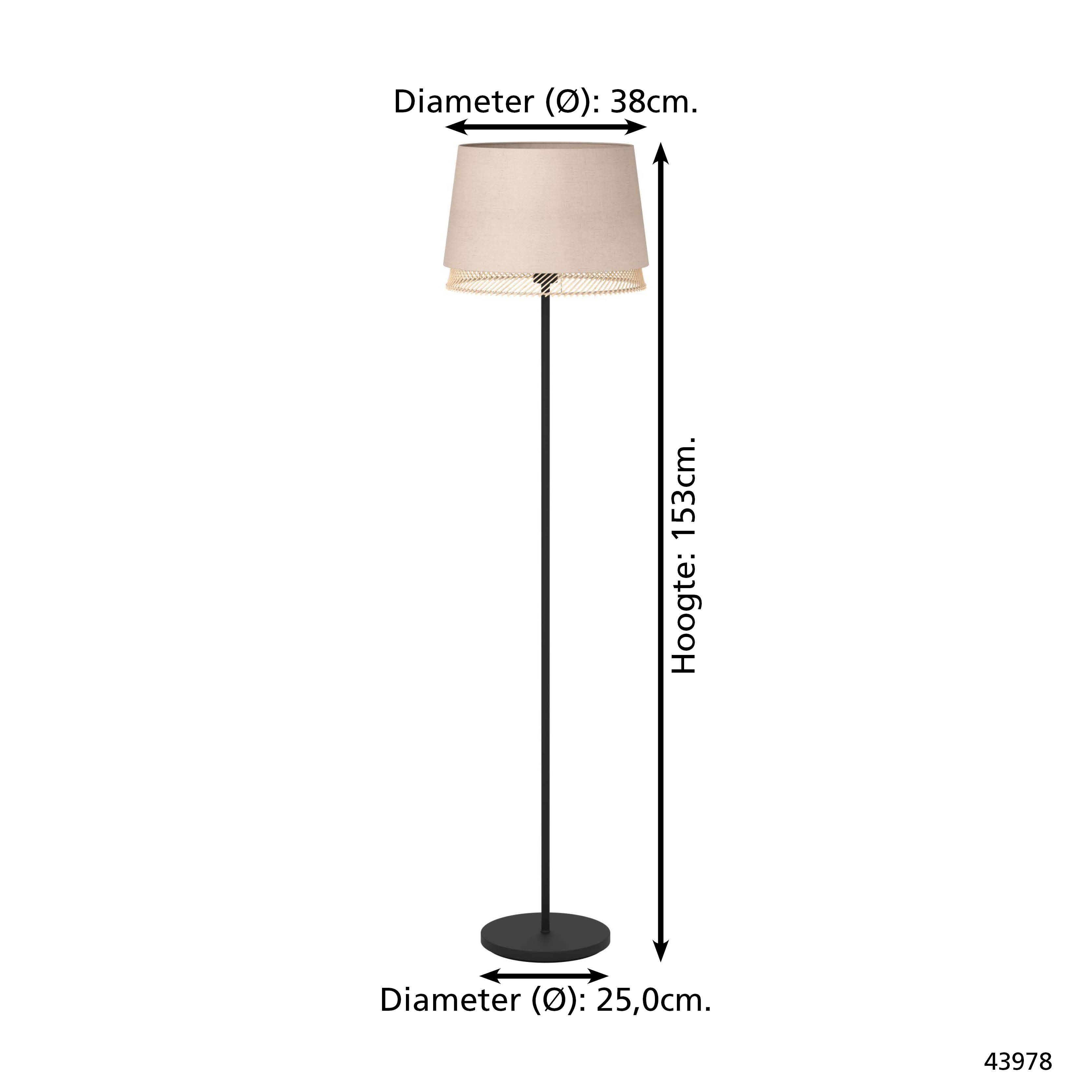 Eine hohe Lampe mit beigefarbenem Lampenschirm, schwarzem Stab und rundem Sockel. Maße sind angegeben.