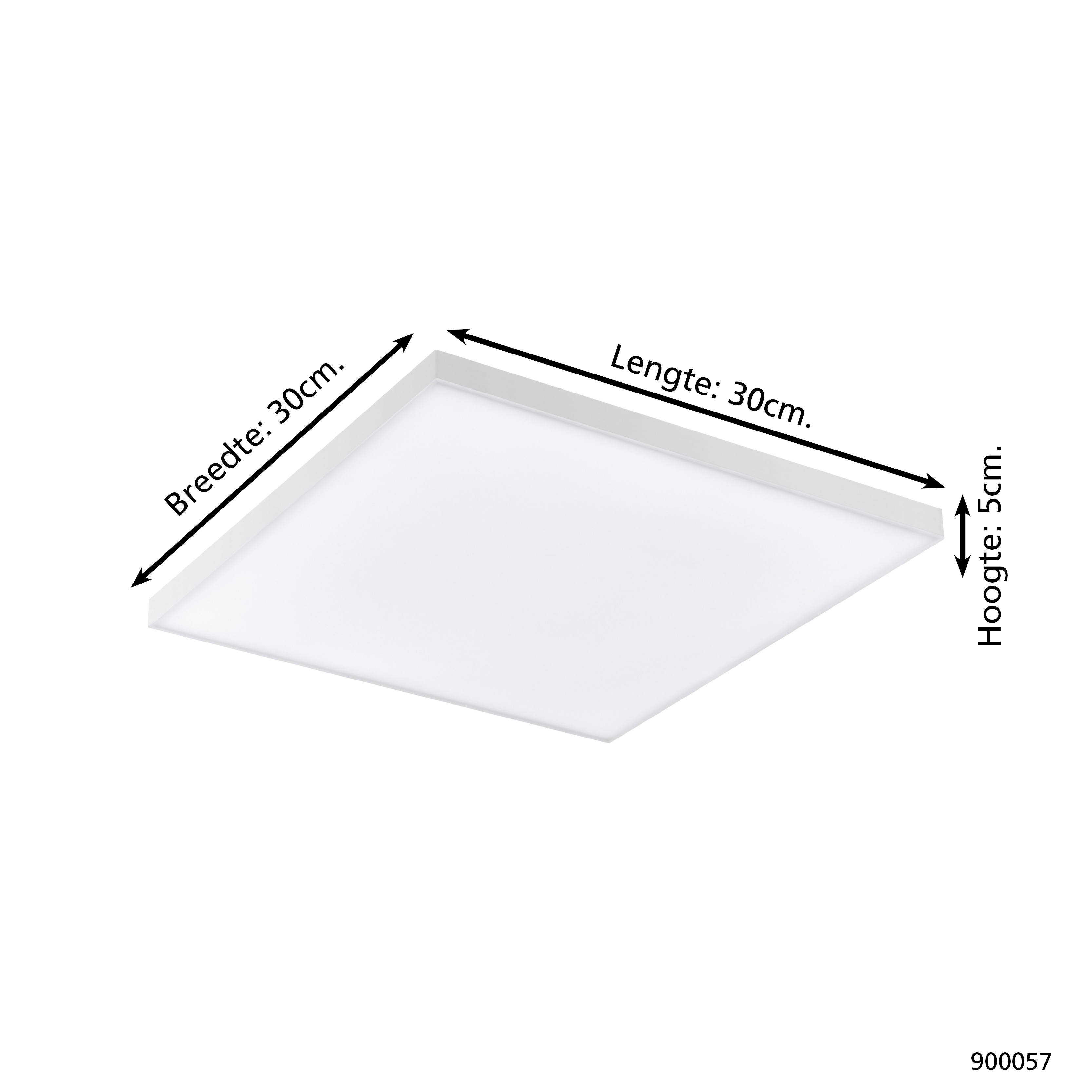 Panel LED cuadrado, blanco, con dimensiones etiquetadas. El ancho y largo son 30cm, y la altura es 5cm. Las dimensiones se indican.